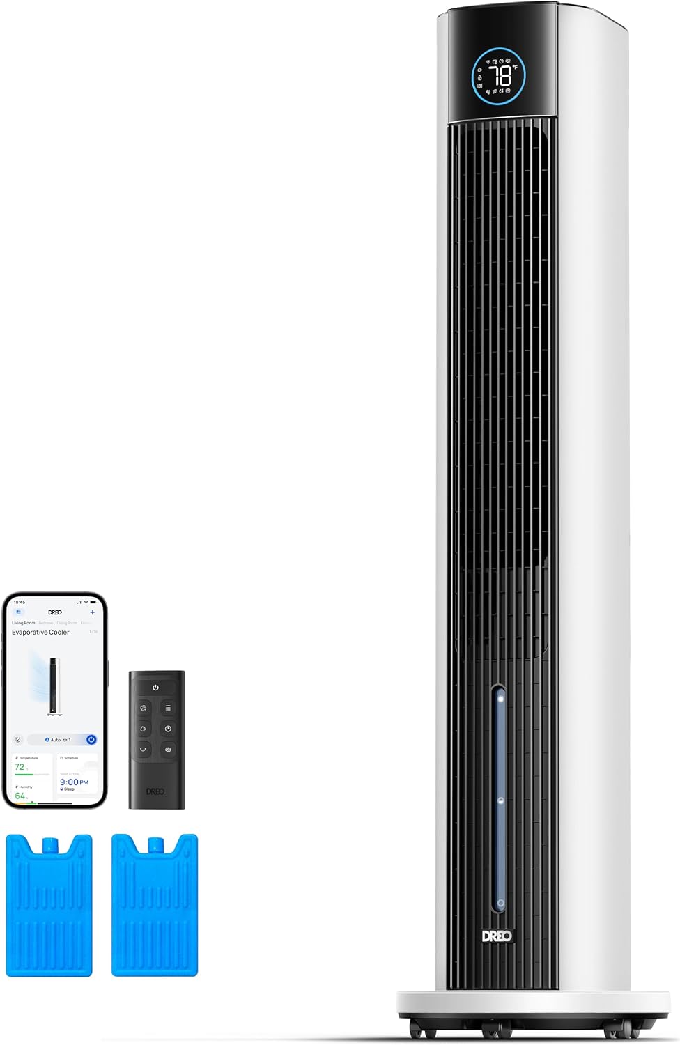 DREO Tower Fan for Bedroom, 43' Cooling Fans That Blow Cold Air 2025 Upgraded, Evaporative Air Cooler, Quiet 85° Oscillating Floor Fan, Easy Cleaning, APP Control, 4 Modes & 4 Speeds, 12H Timer, White