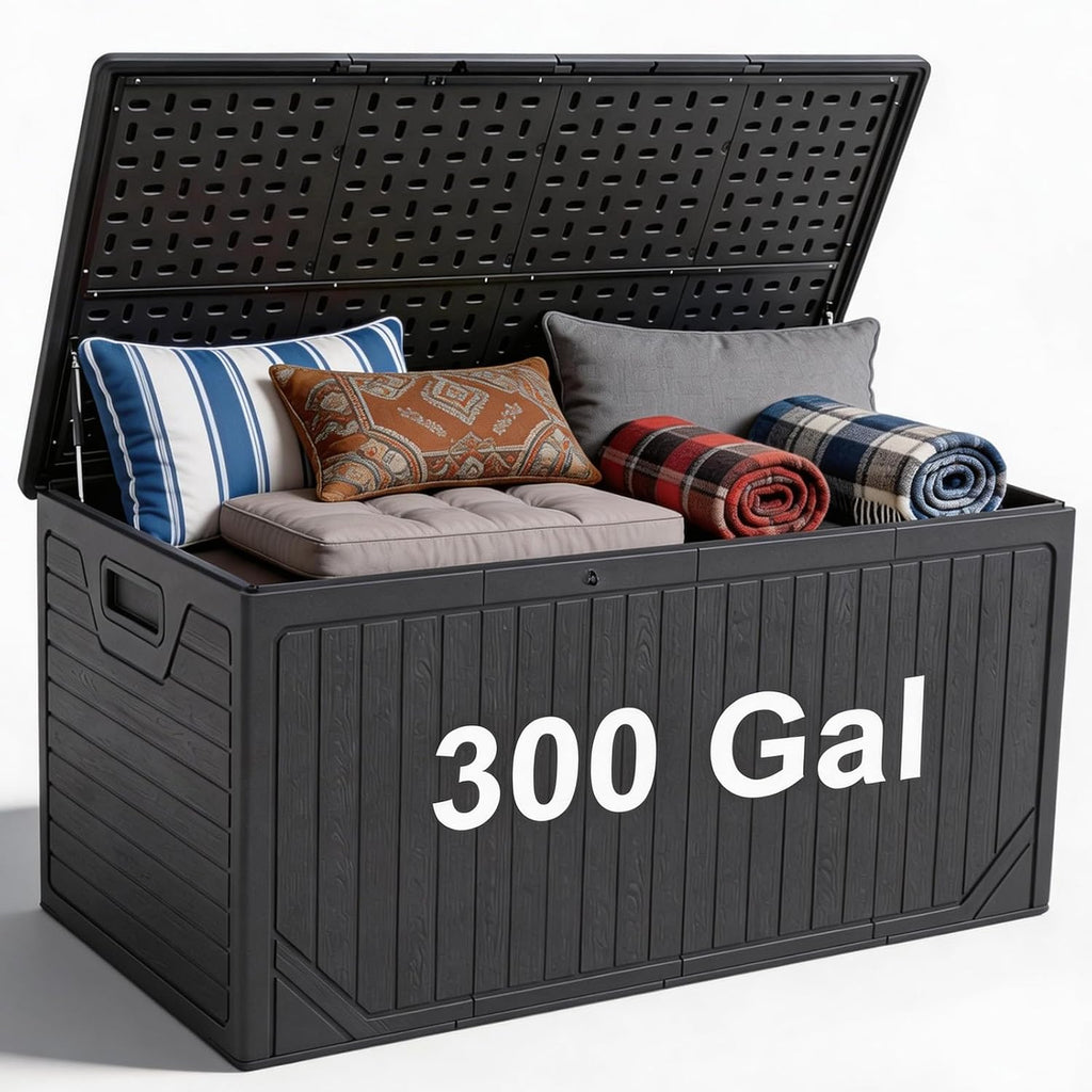 300 Gallon Outdoor Storage Deck Box, Extra Large Waterproof Resin Storage Box for Patio Cushions, Garden Tools, Pool Supplies, Outdoor Furniture Accessories, Black
