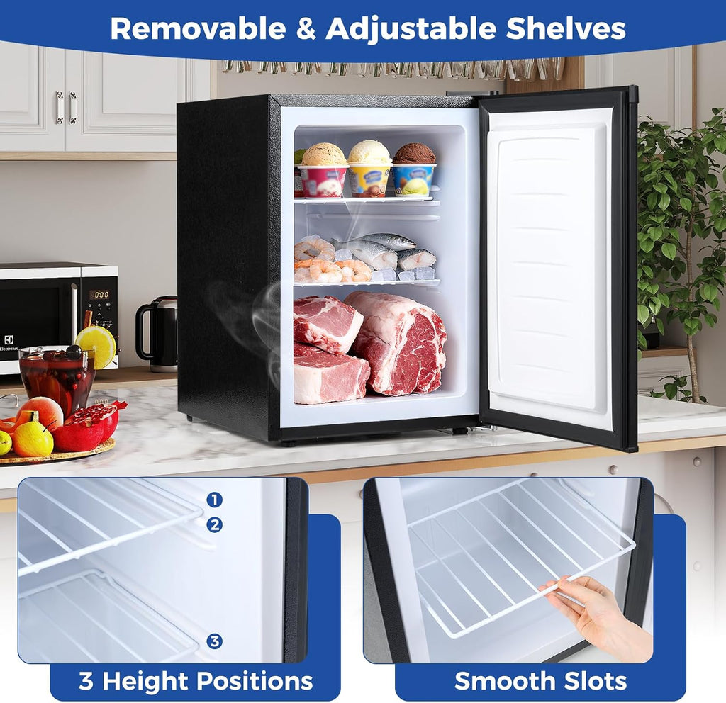 COSTWAY 2.1 Cu.Ft Small Freezer, Compact Upright Mini Freezer w/Reversible Single Door, 7 Adjustable Thermostat, Low Noise, 2 Removable Shelves for Bedroom, Office, Dorm, Apartment (Black)