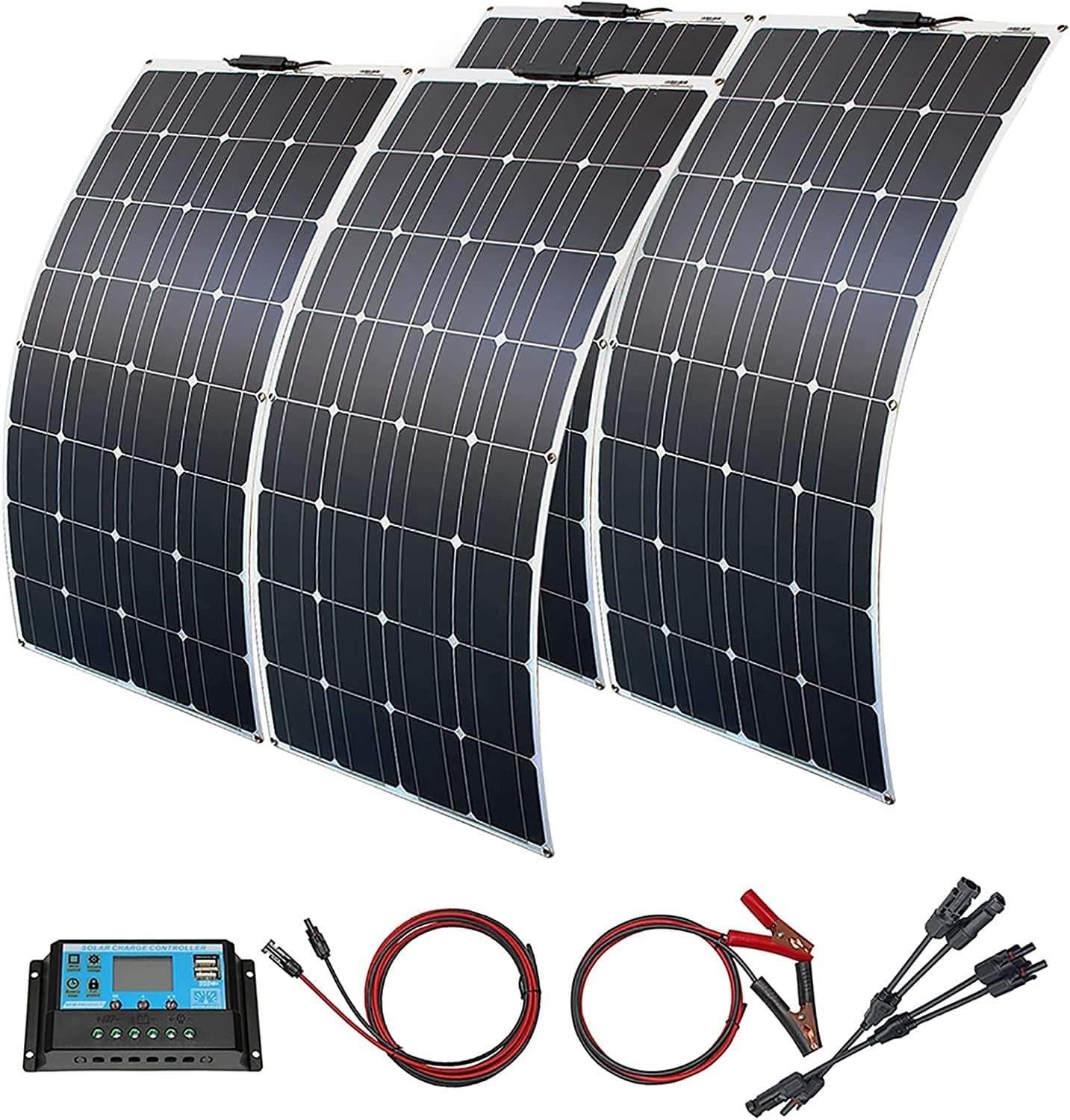 Portable Solar Panels 4pcs 100W Flexible Solar Panels Kits with 60A Controller, 18 Volt Monocrystalline Solar Panel Module for Off Grid PV Power for Home, Camping, Boat