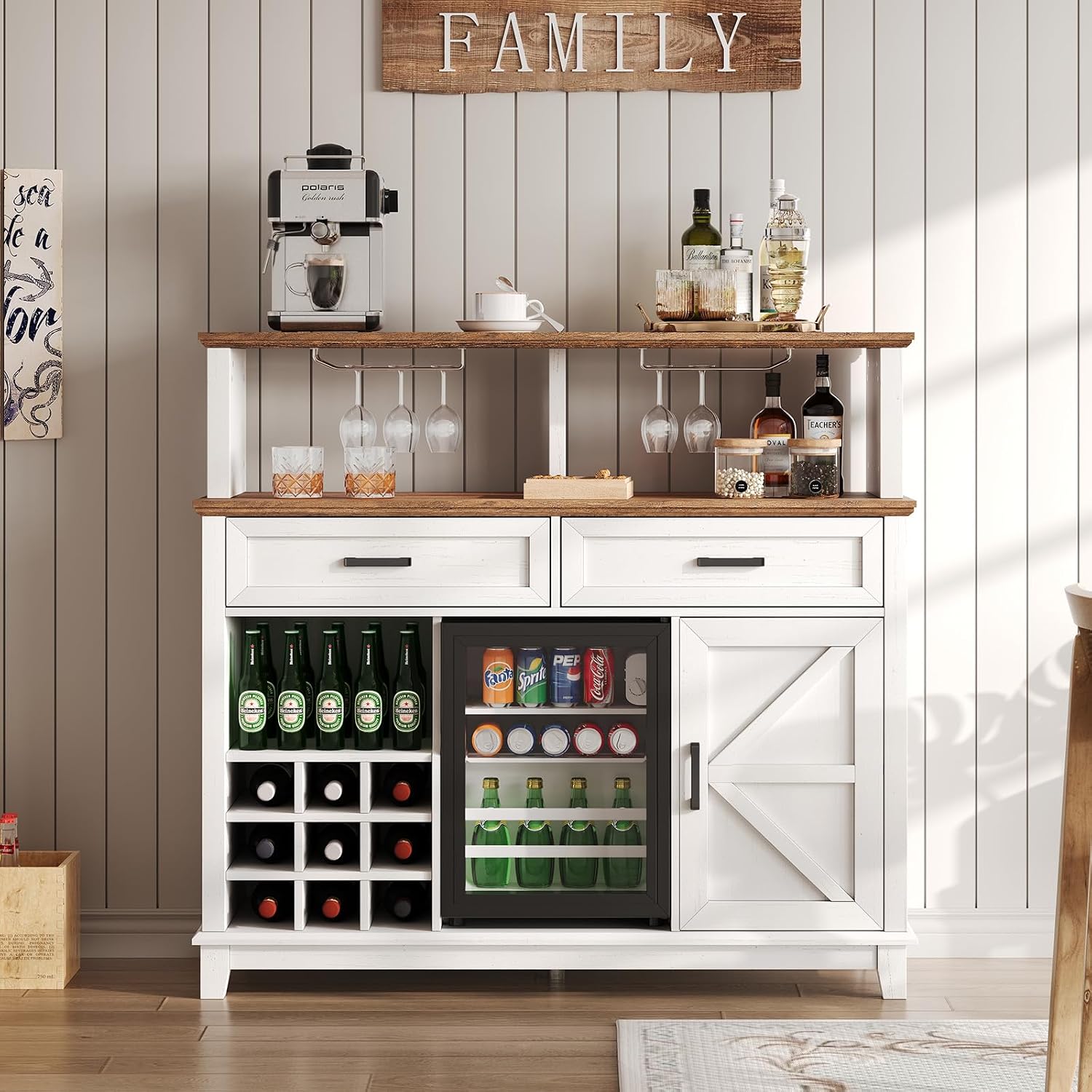 AMERLIFE 47' Farmhouse Coffee Bar Cabinet with 15' Refrigerator & Wine Rack & Glass Holder, Wine Cabinet with Storage Drawers & Open Shelves, Sideboard Buffet Cabinet for Dinging Room, Living Room