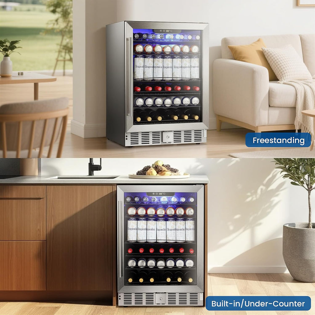 Antarctic Star 166 Can Beverage Refrigerator Cooler, 5.1 Cu.Ft Mini Fridge with Safety Lock, Beverage Cooler with Glass Door/LED Light/Adjustable Removable Shelves for Home/Office/Bar(Stainless Steel)