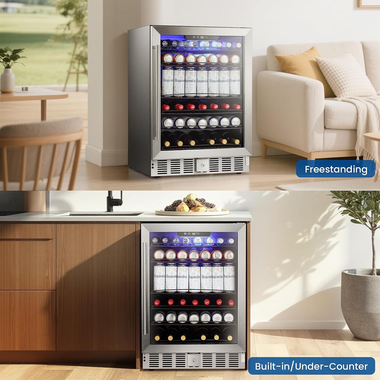 Antarctic Star 166 Can Beverage Refrigerator Cooler, 5.1 Cu.Ft Mini Fridge with Safety Lock, Beverage Cooler with Glass Door/LED Light/Adjustable Removable Shelves for Home/Office/Bar(Stainless Steel)