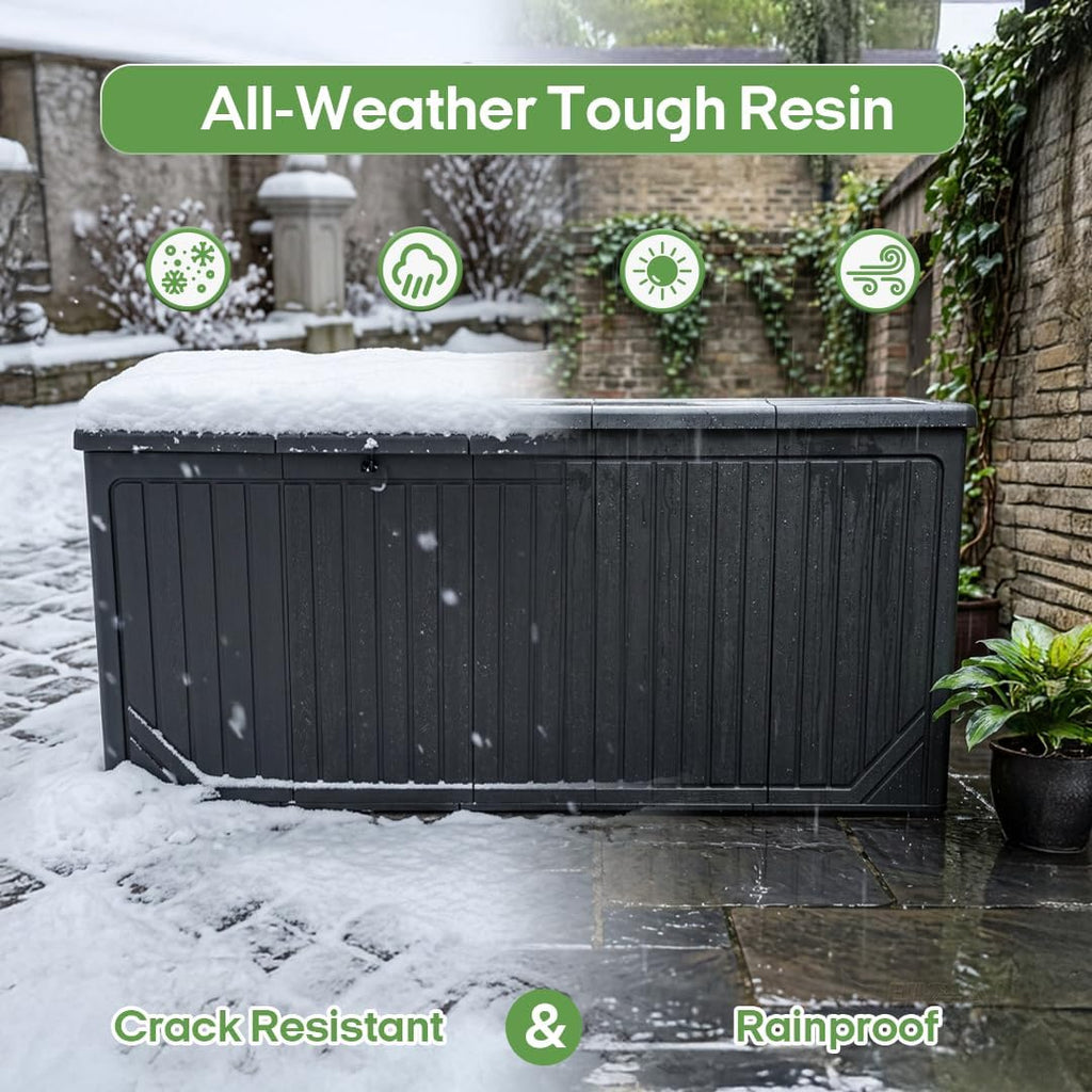 300 Gallon Outdoor Storage Deck Box, Extra Large Waterproof Resin Storage Box for Patio Cushions, Garden Tools, Pool Supplies, Outdoor Furniture Accessories, Black