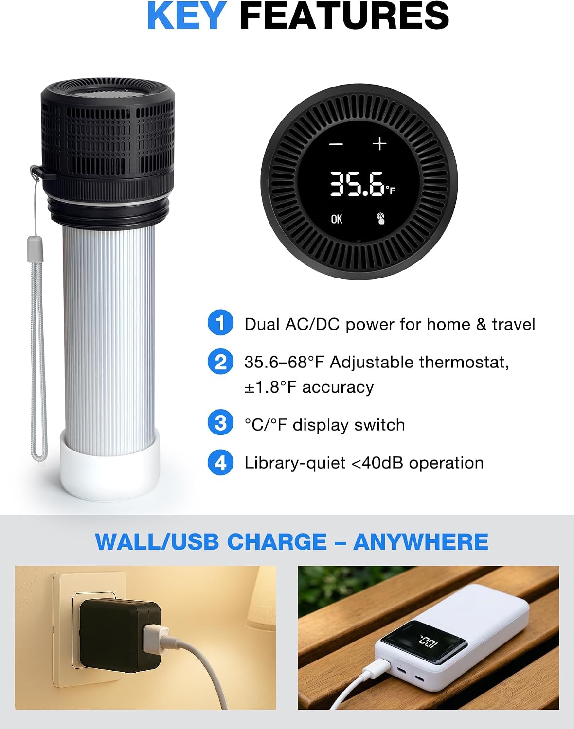 YOUSHARES Electric Insulin Cooler Travel Case, 35-68°F Custom & Display Temperature Medical Cooler with Power Bank & USB Charger, TSA Approved Diabetic Medication Refrigerator with Biogel Ice Pack