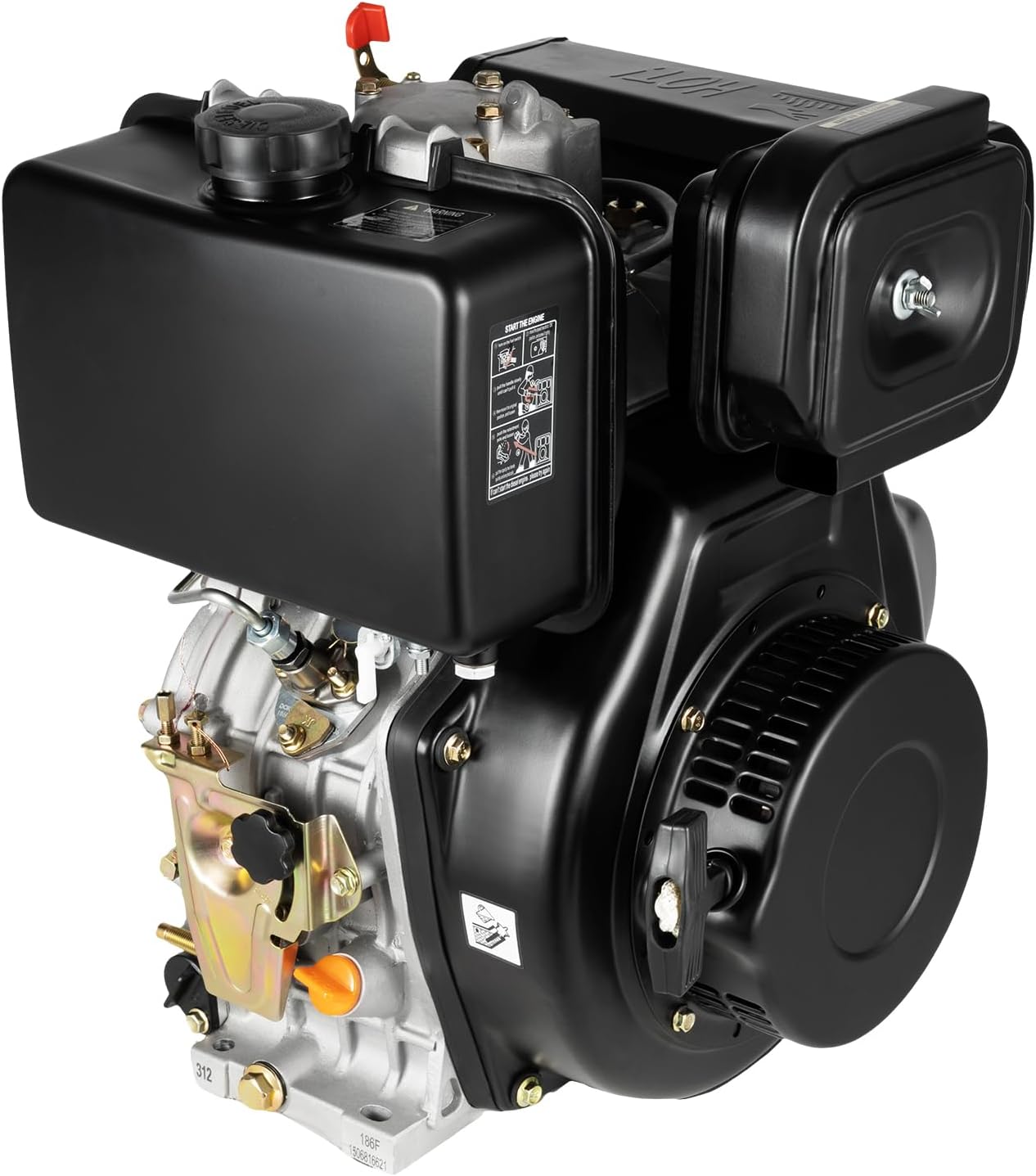 Diesel Engine, 4-Stroke 10hp 418cc Diesel Motor, 6.3kw 3600rpm Vertical Horizontal Shaft Diesel Tiller Motor, w/Recoil Manual Start&Air-Cooled, for Micro-tillers, Drainage, Irrigator, 186FA, Black