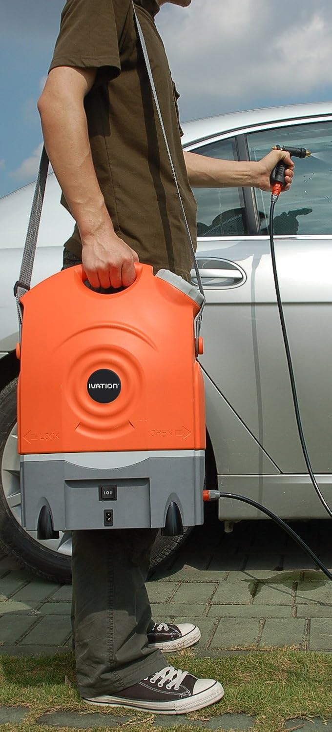 Ivation Multipurpose Portable Spray Washer w/Water Tank - Runs on Built-in Rechargeable Battery, Home Plug and 12v Car Plug - Integrated Roller Wheels