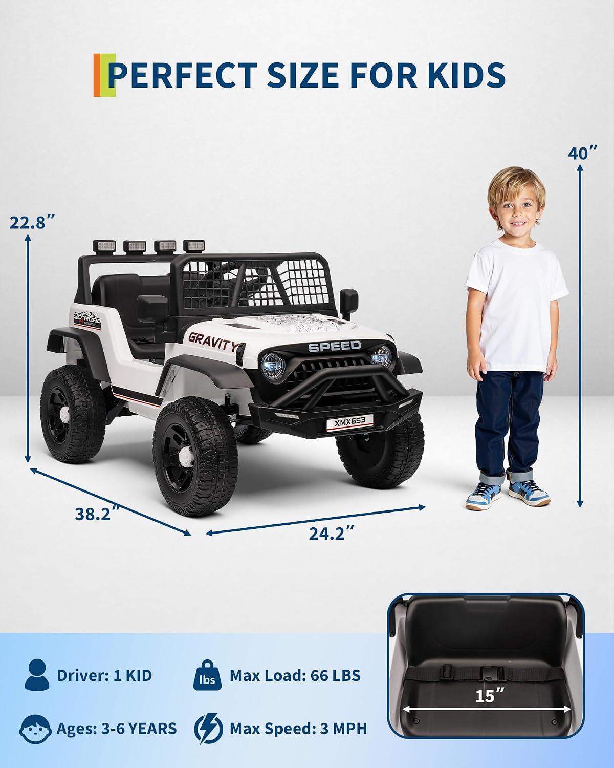 GarveeLife 12V Kids Electric Ride On Truck with Remote Control Ride On Toy for Toddler Boys & Girls Bluetooth Music Player LED Lights(White)