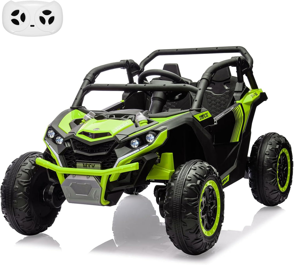 GarveeLife 24V Ride On Utv for Kids, 2 Seater 4WD Electric Truck with Remote Control, High and Low Speed Adjustment, Led Lights,4-Wheel Shock Absorption, One Click Start, Music Player (Green)