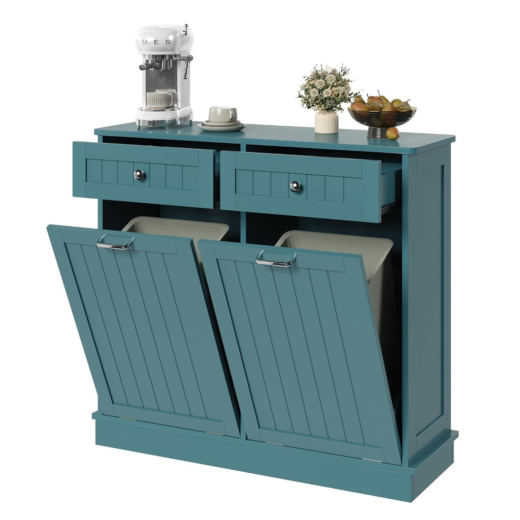 KIGOTY Double Tilt Out Trash Can Cabinet, 20 Gallon Hidden Trash Storage Cabinet with 2 Hideaway Drawers, Freestanding Trash Can for Kitchen, Wooden Laundry Hamper Cabinet, Pet Proof (Lake Blue)
