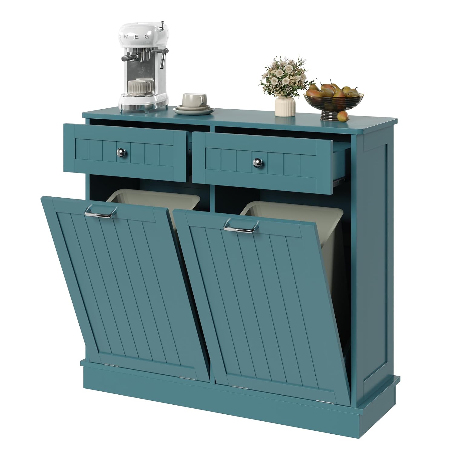 KIGOTY Double Tilt Out Trash Can Cabinet, 20 Gallon Hidden Trash Storage Cabinet with 2 Hideaway Drawers, Freestanding Trash Can for Kitchen, Wooden Laundry Hamper Cabinet, Pet Proof (Lake Blue)