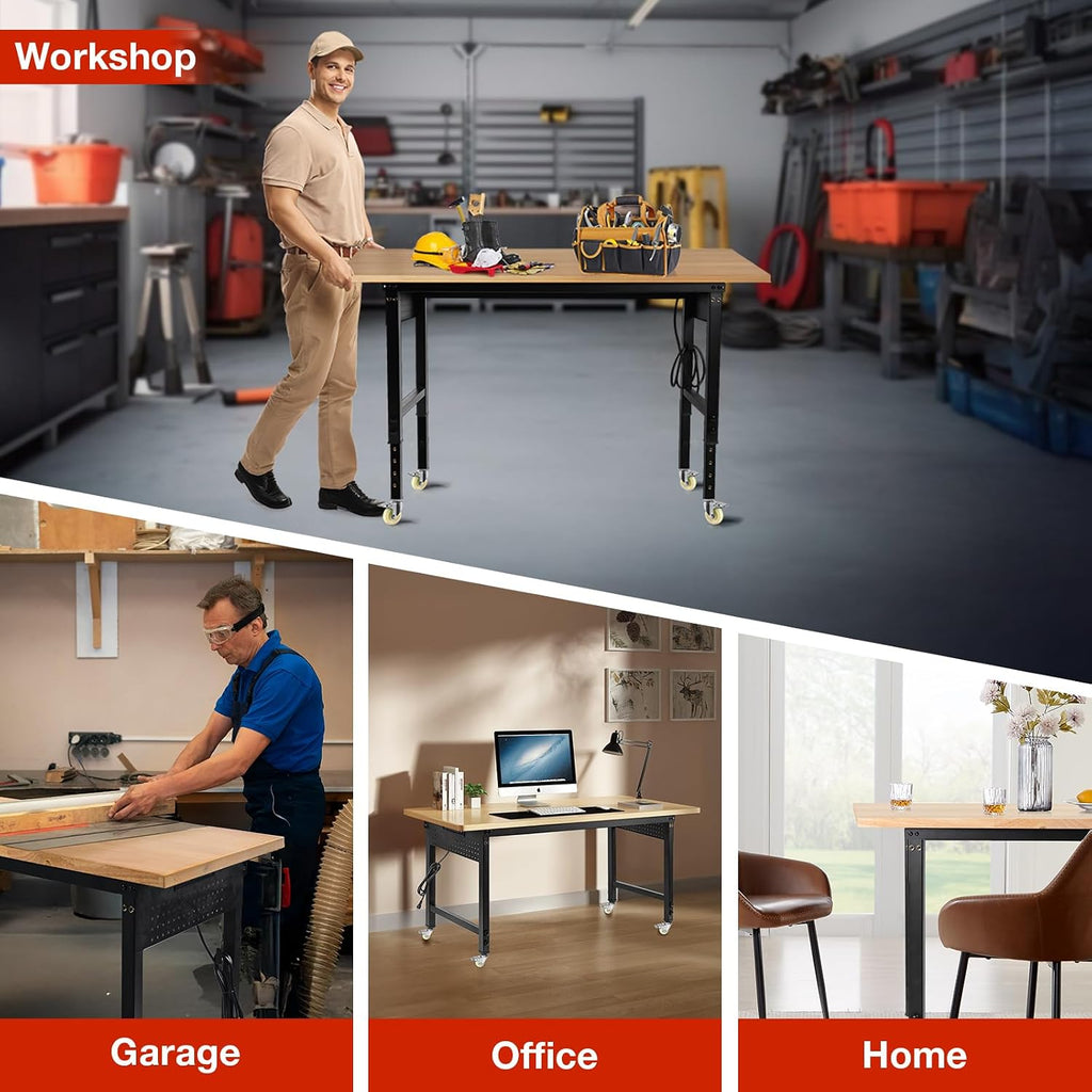 Height Adjustable Workbench with Wheels 60'×22' Heavy Duty Work Table 2000 LBS Capacity Rolling Work Table Rubber Wood Work Station with Power Outlet & Pegboard for Garage, Office, Workshop