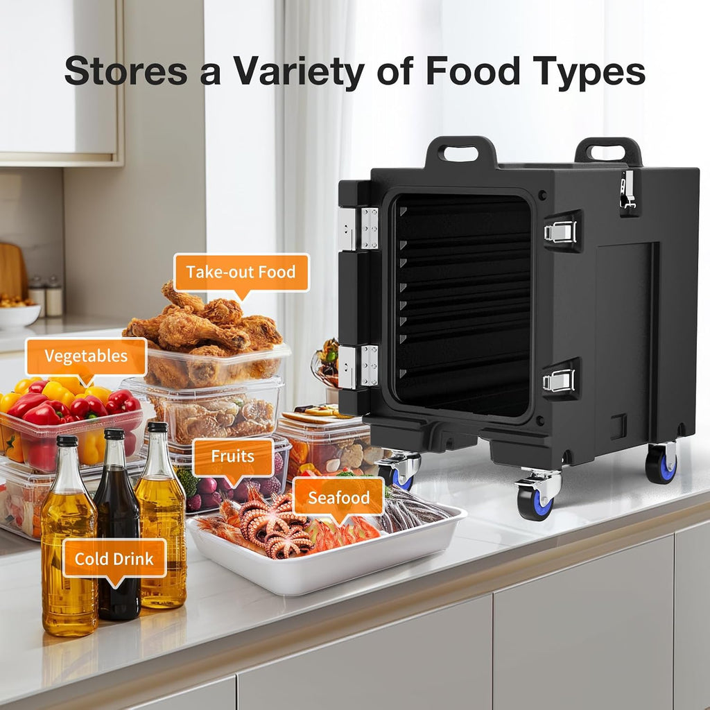 NEEDONE Food Warmer, 81 Qt Hot Box LLDPE Insulated Food Pan Carrier for Hot/Cold Food, w/Double Buckles, Lockable Wheels, Handles, Stackable Design, for Catering Restaurant Camping Family Party