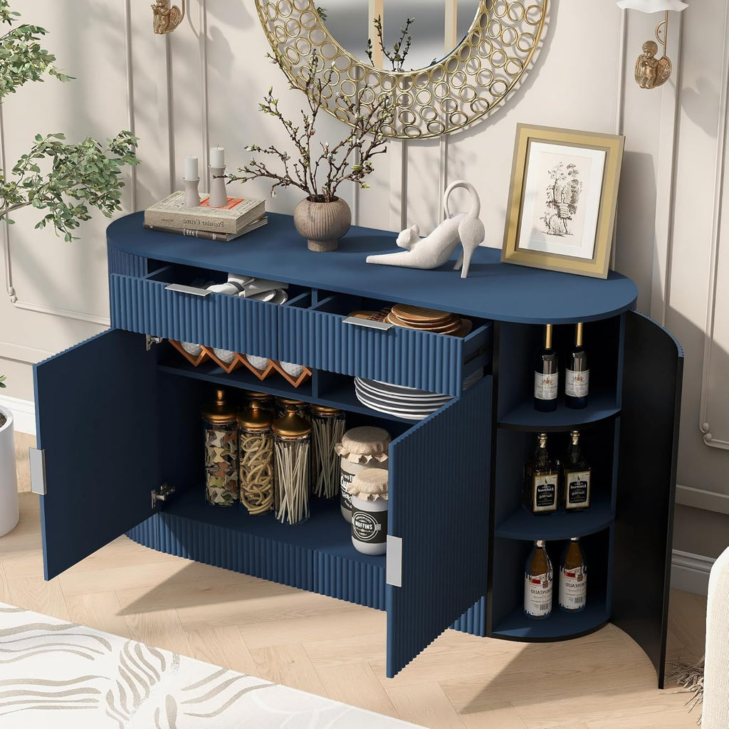 Virubi 55' Fluted Sideboard Buffet Cabinet with Storage,Doors& Gold Handles, Wood Modern Curved Kitchen Coffee Bar Cabinet with Drawers for Living Room,Entryway,Kitchen,Dining Room (Navy Blue)