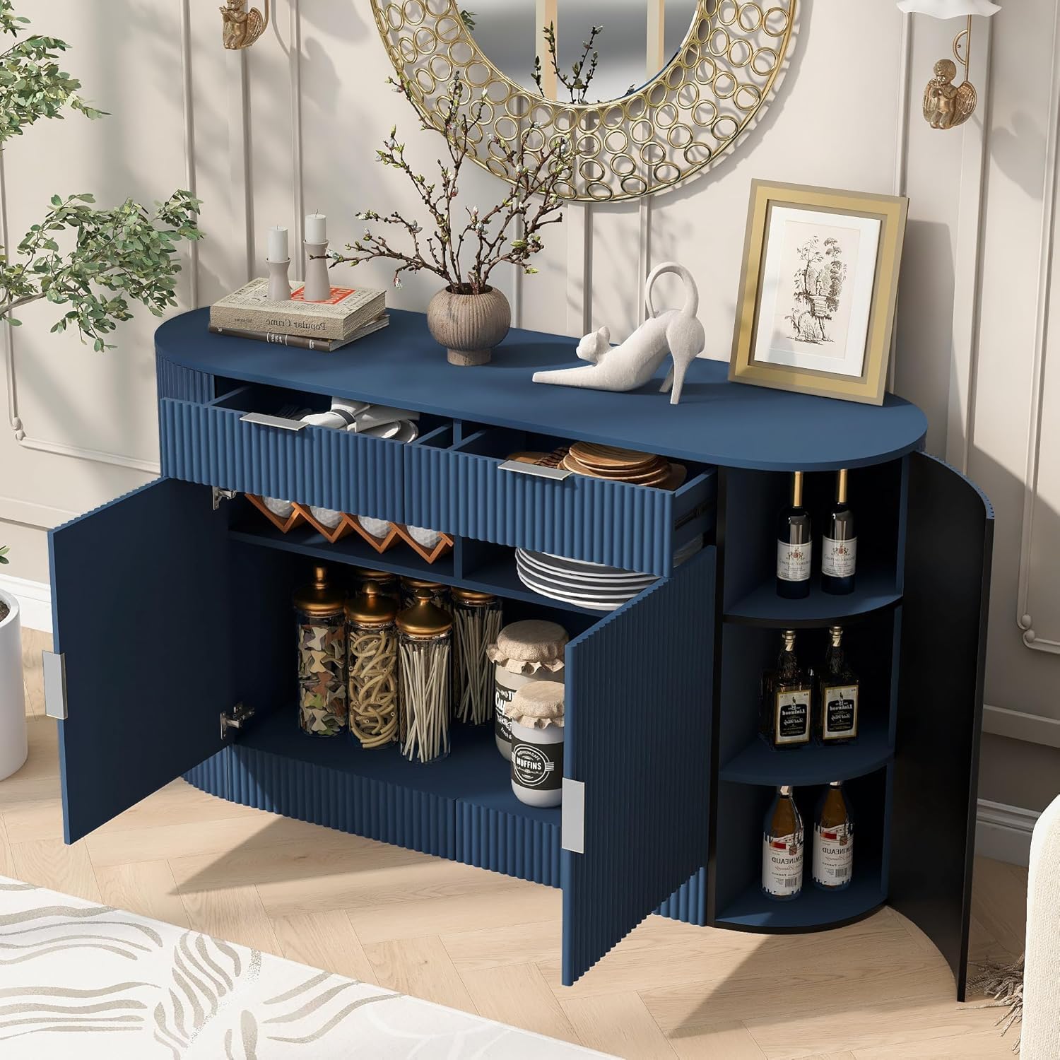 Virubi 55' Fluted Sideboard Buffet Cabinet with Storage,Doors& Gold Handles, Wood Modern Curved Kitchen Coffee Bar Cabinet with Drawers for Living Room,Entryway,Kitchen,Dining Room (Navy Blue)