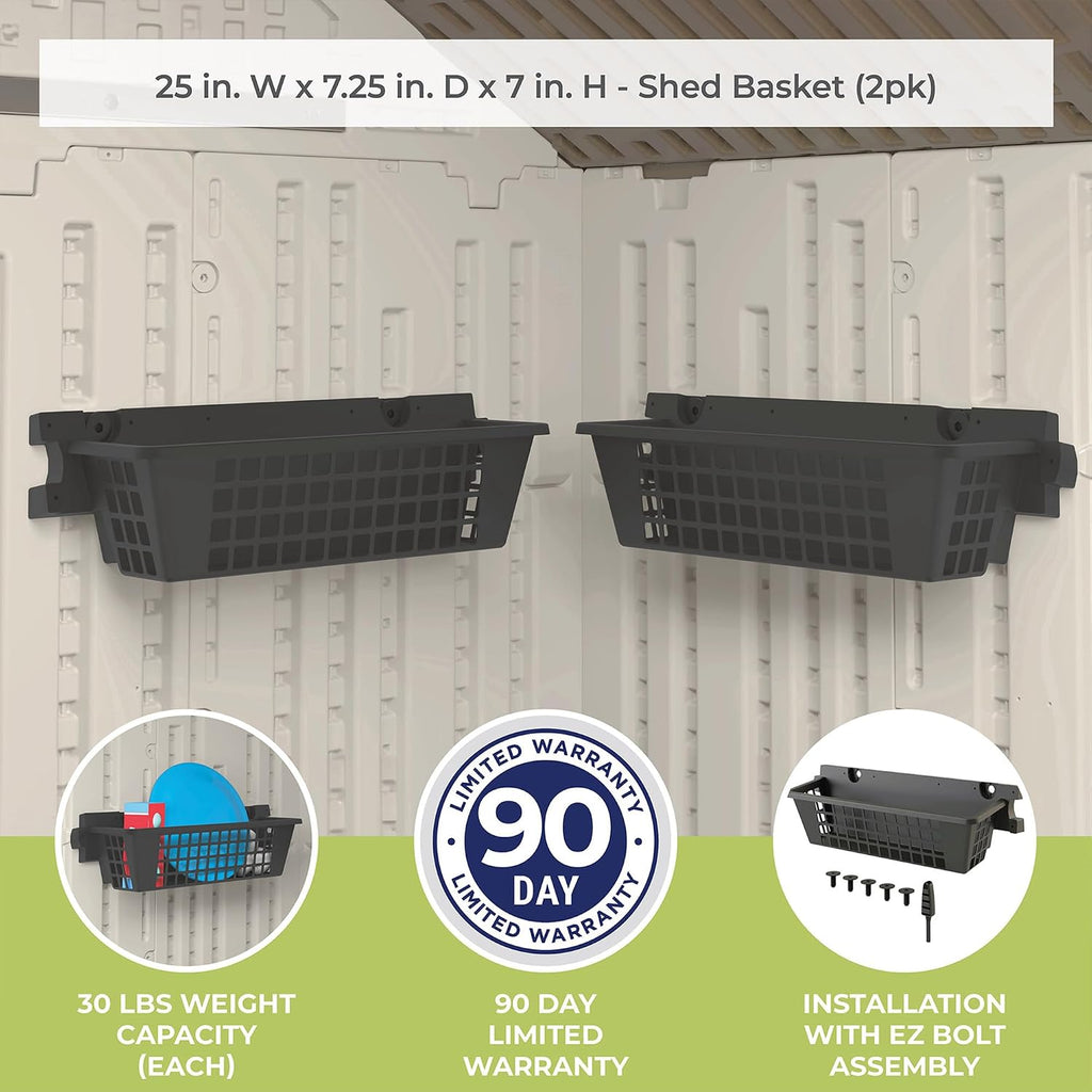 Suncast 8 Pack Accessory Baskets, Resin Organizers for Shed, Black, 25' x 7.25' x 7' - Outdoor Storage, 30 lb Weight Capacity, EZ Bolt Wall-Mount
