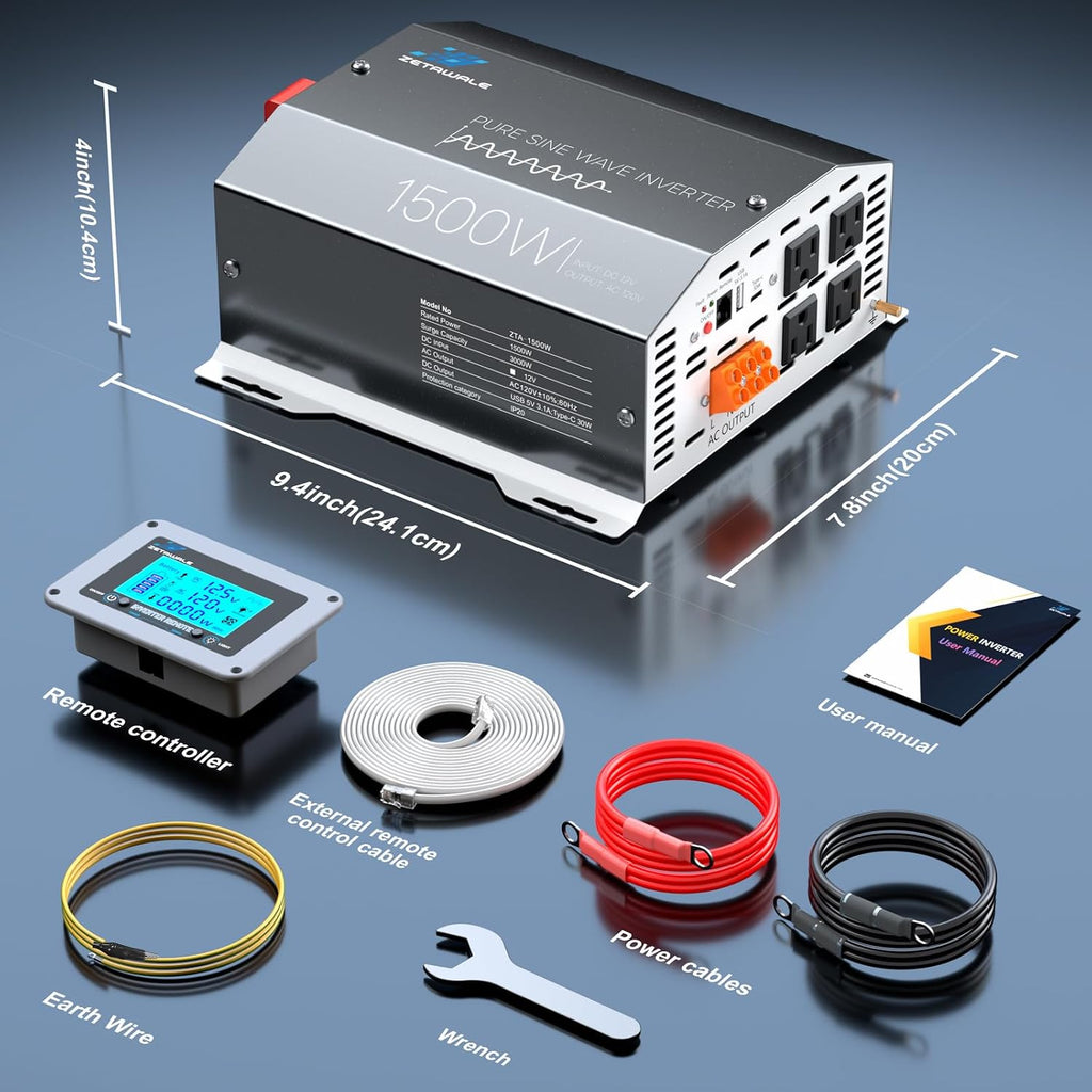 1500W Pure Sine Wave Inverter 12V DC to 110V/120V AC Converter, 3000W Peak, LCD Remote Control, 4 AC Outlets, USB & Type-C – for RV, Truck, Camping, Off-Grid Solar, Emergency Power