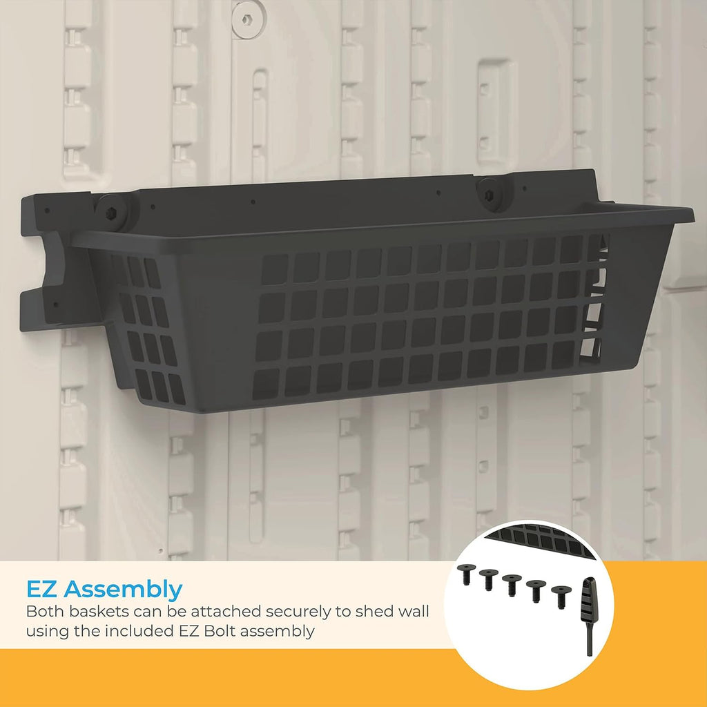 Suncast 4 Pack Accessory Baskets, Resin Organizers for Shed, Black, 25' x 7.25' x 7' - Outdoor Storage, 30 lb Weight Capacity, EZ Bolt Wall-Mount