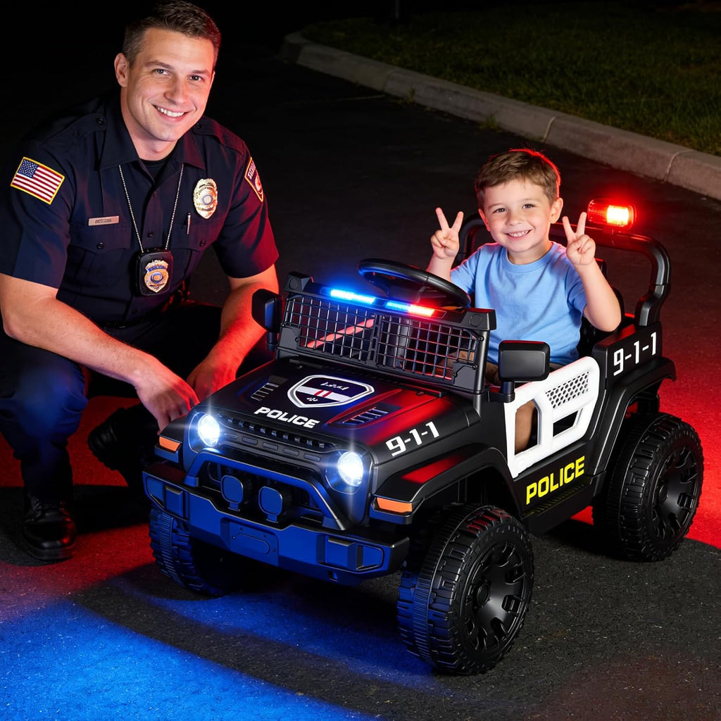 12V Ride on Car with Parent Remote Control, Toddler Police Electric Car with Spring Suspension, LED Lights & Music Player - Safe Battery Toy for Kids, Christmas & Birthday Gift