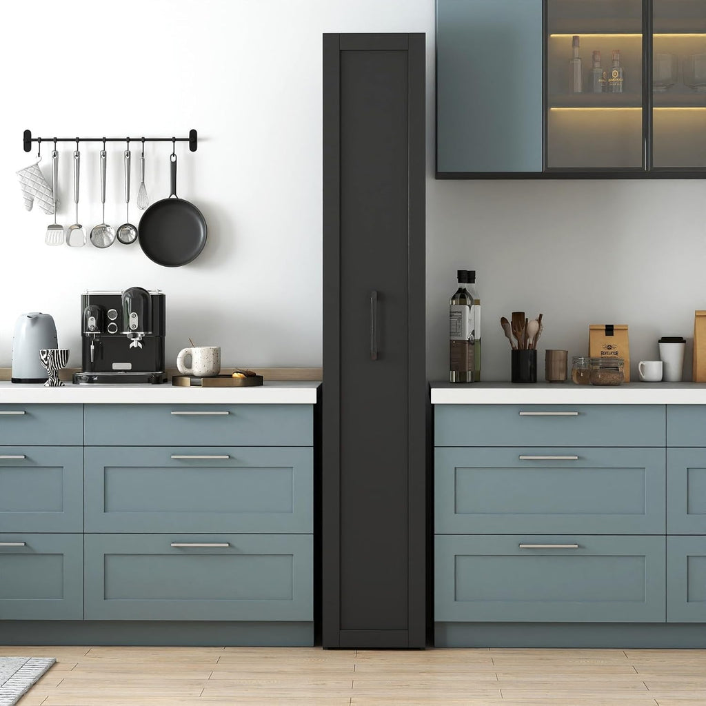 KEIKI Pull-Out Kitchen Pantry Storage Cabinet with Multi-Tier Shelf, Spice Rack Next to Fridge, Freestanding Wood Hutch Food Pantries Cupboard for Coffee Bar, Dining Room, Narrow Spaces
