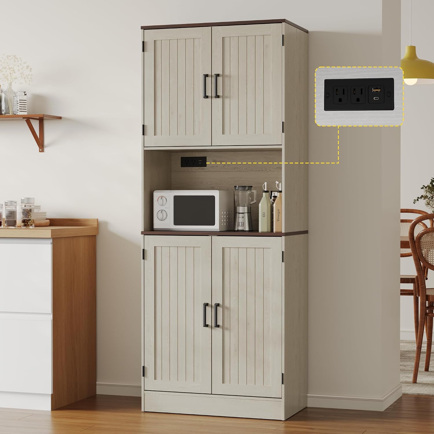 MHOM 71' Tall Pantry Cabinet with Charging Station, Farmhouse Kitchen Hutch with Adjustable Shelves, Modern Kitchen Pantry Storage Cabinet for Dinning Room & Living Room, Antique Oak