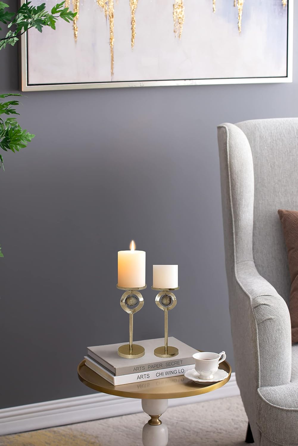 A&B Home Cut Stone Candle Holder Set - Set of 2 Aluminum Candle Holder with Stone, Decorative Tabletop Lighting, Living Room Coffee Table Accent Piece Dining Table Centerpiece, 9' x 5' x 13'