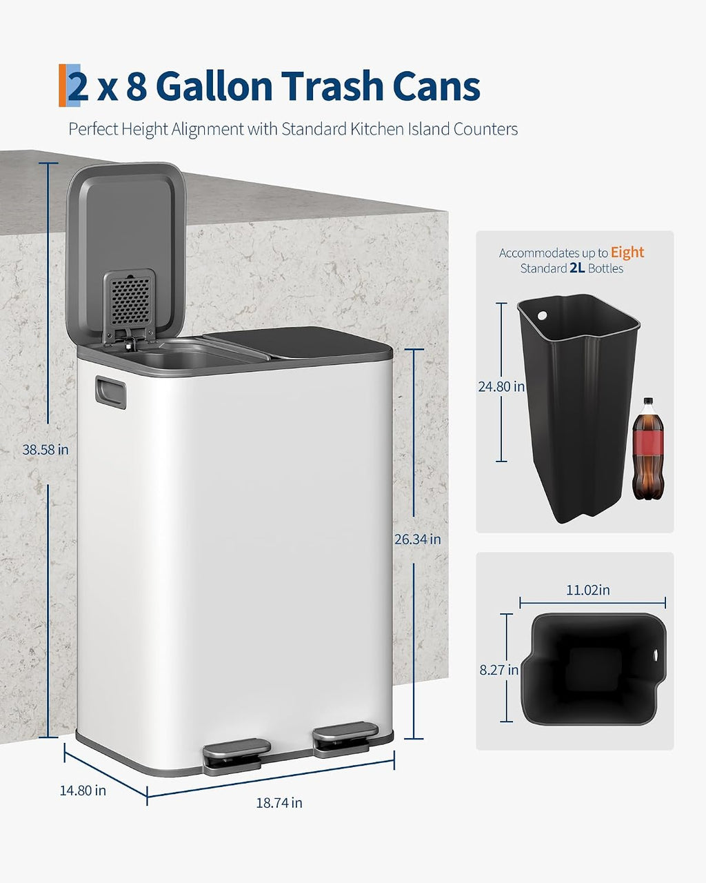 GarveeHome 2 x 8 gal Stainless Steel Double Trash Can with Lid for Kitchen, Large Dual Trash and Recycle Bin Combo, Step-on Kitchen Metal Garbage Cans, PP Inner Buckets, Liner Rim, Grayish-White
