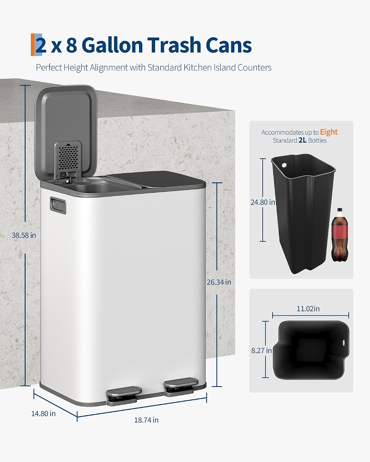 GarveeHome 2 x 8 gal Stainless Steel Double Trash Can with Lid for Kitchen, Large Dual Trash and Recycle Bin Combo, Step-on Kitchen Metal Garbage Cans, PP Inner Buckets, Liner Rim, Grayish-White
