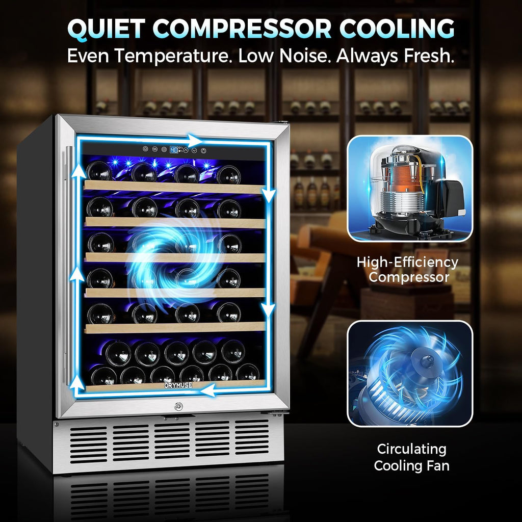 ORYMUSE 24 Inch Wine Fridge, 54 Bottle Wine Cooler Refrigerator with Stainless Steel Glass Door, LED Display, Upgraded Compressor, Built-In or Freestanding for Home Bar Kitchen