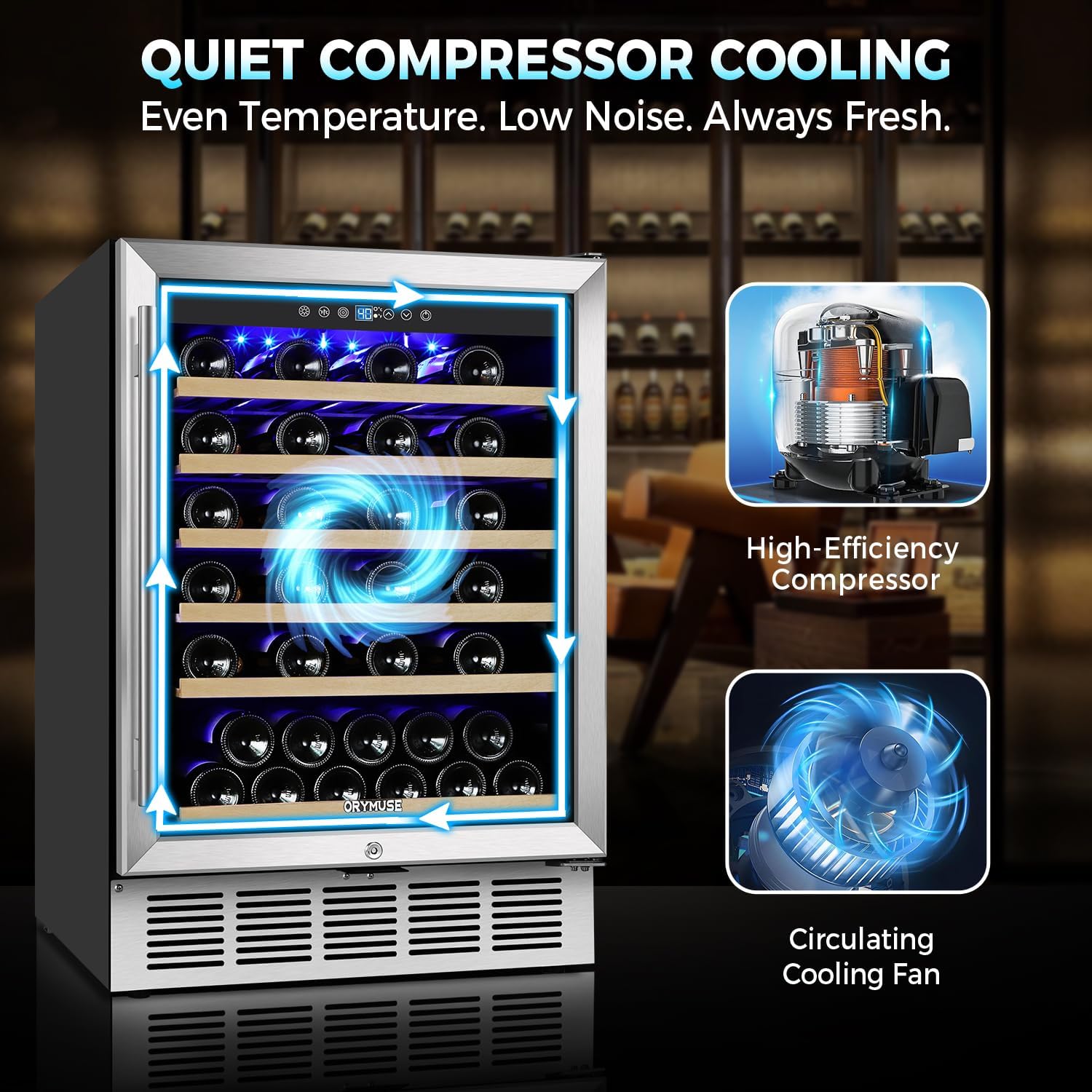 ORYMUSE 24 Inch Wine Fridge, 54 Bottle Wine Cooler Refrigerator with Stainless Steel Glass Door, LED Display, Upgraded Compressor, Built-In or Freestanding for Home Bar Kitchen