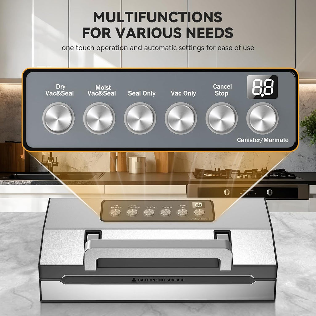 Upgraded Dry & Moist Food Modes Food Vacuum Sealer, Commercial-Grade Vacuum Sealer Machine, Dual-Seal Technology, One-Touch Operation & Built-In Bag Storage & Cutter, Includes 2 Rolls & Accessory Hose