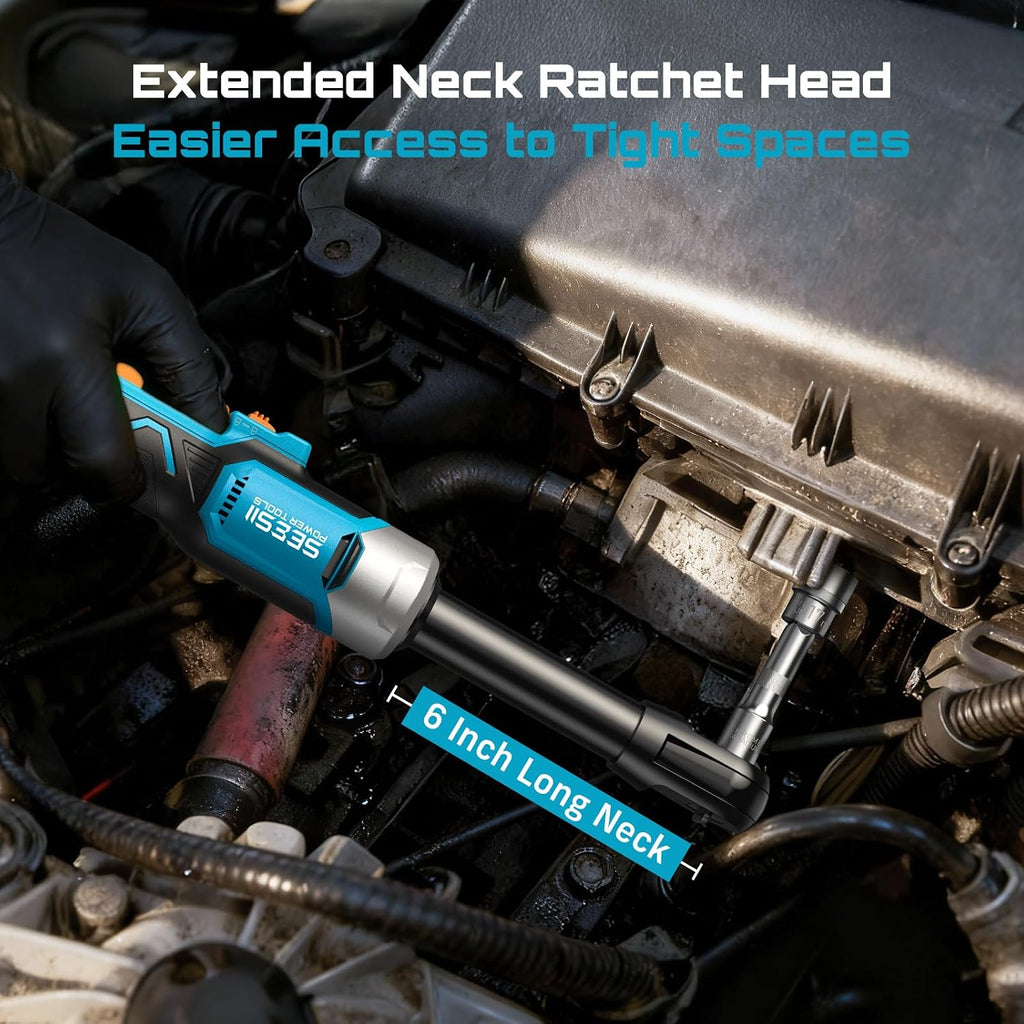Cordless Electric Ratchet Wrench 3/8', 6' Extended Neck, 3-Speed Adjustable, 74 Ft-lbs Max Torque, 21V Power Brushless Ratchet with 2×2.0Ah Batteries & Fast Charger, 8 Sockets, 1/4'& 1/2' Adapter