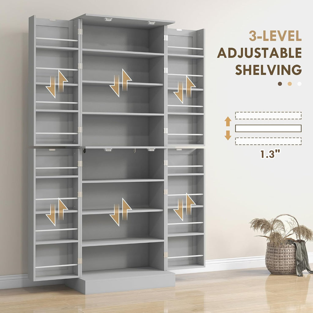 HOMCOM 65' Kitchen Pantry Storage Cabinet, Freestanding Kitchen Cabinet with 16 Door Shelves, Double Doors, 8-Tier Shelving and Adjustable Shelves, Gray