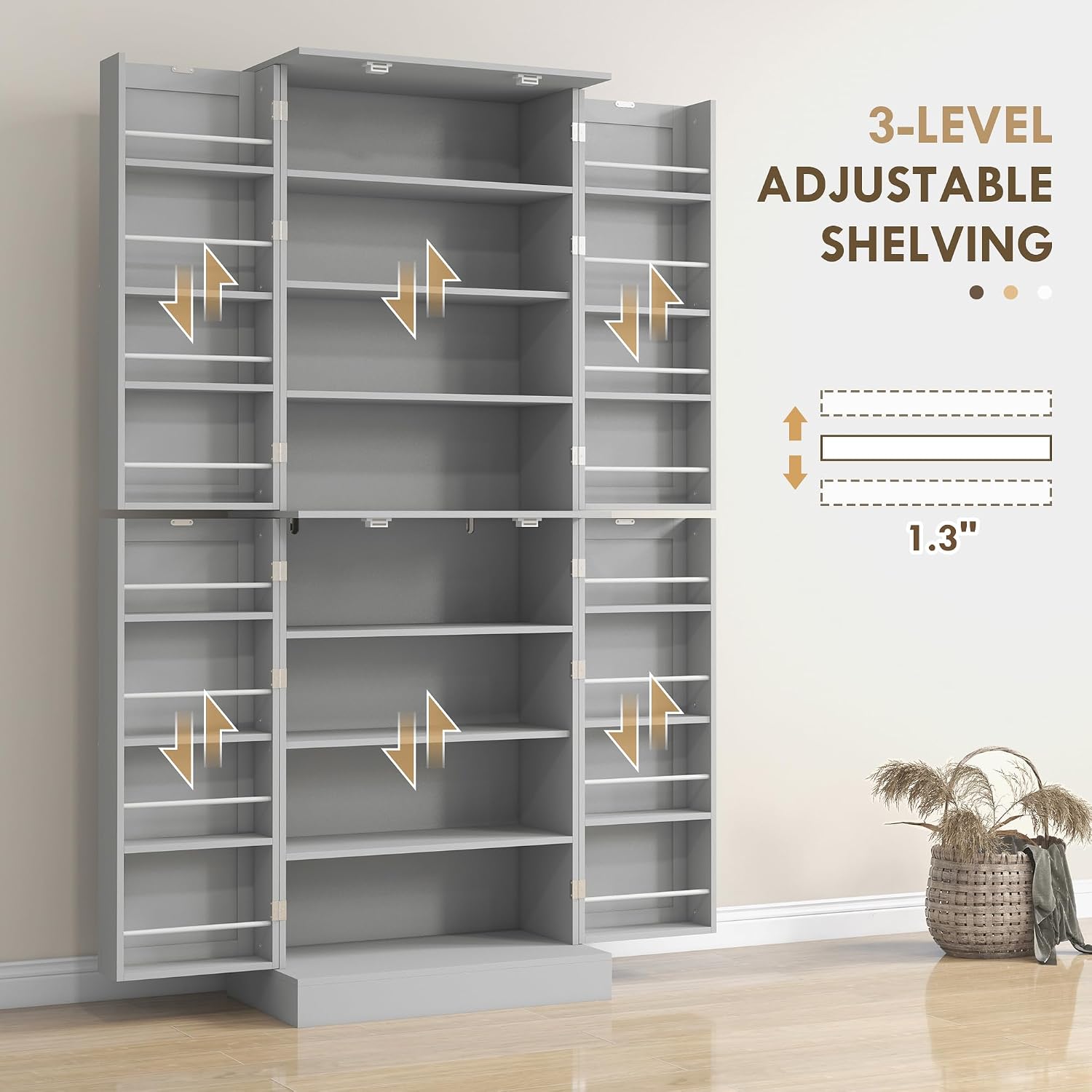 HOMCOM 65' Kitchen Pantry Storage Cabinet, Freestanding Kitchen Cabinet with 16 Door Shelves, Double Doors, 8-Tier Shelving and Adjustable Shelves, Gray