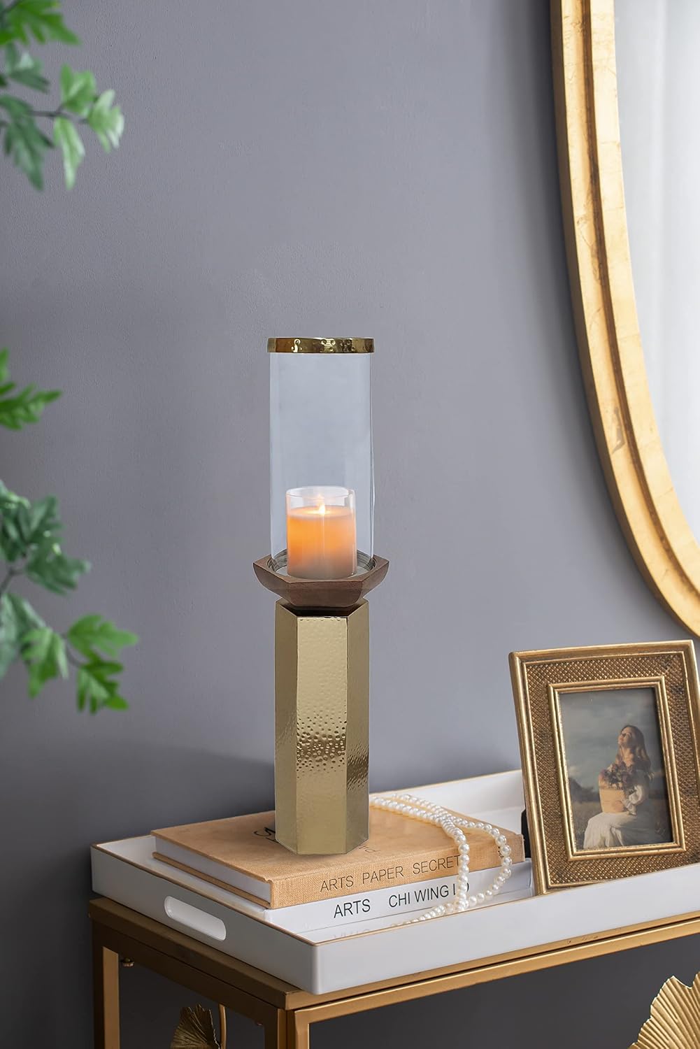 A&B Home Hammered Gold Candle Holder- Aluminum Candle Holder with Hurricane Glass, Decorative Tabletop Lighting, Living Room Coffee Table Accent Piece Dining Table Centerpiece, 5' x 5' x 20'