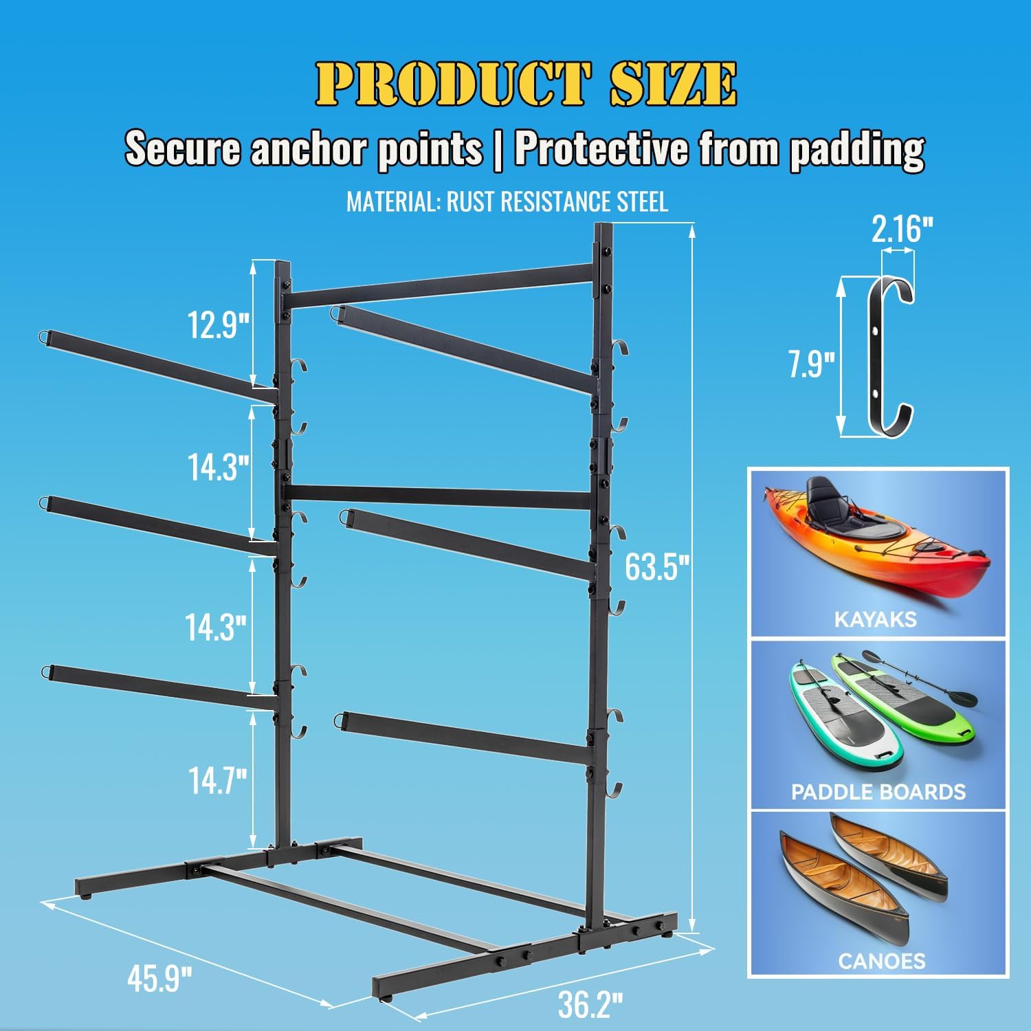 Kayak Storage Rack, Heavy Duty Kayak Racks for Garage and Outdoor Storage, Storage Rack for Kayak, Canoe, Surfboard & Paddleboard.