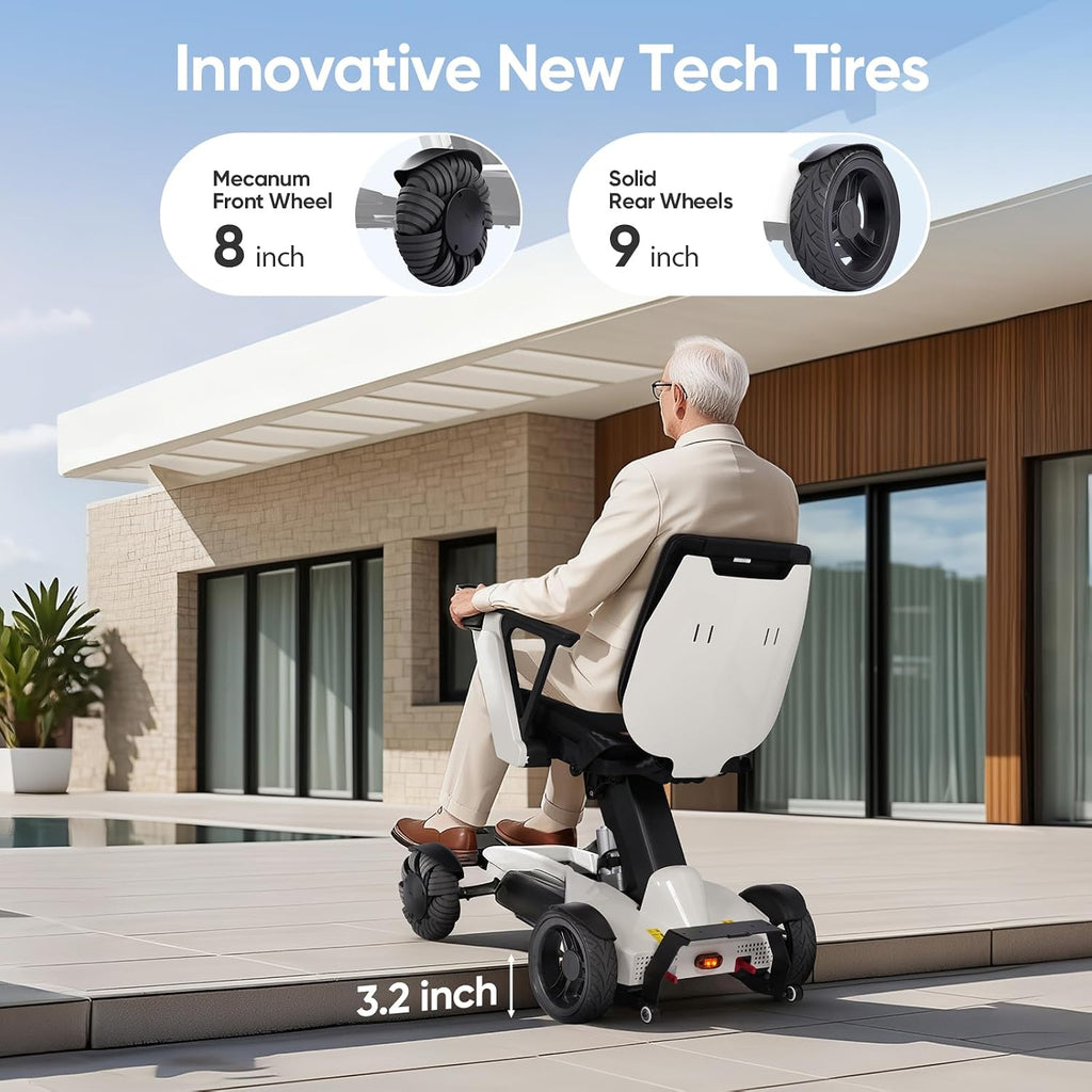 Electric Wheelchair for Adults: Foldable Mobility Scooter with Remote Control & Lift, Adjustable Backrest, Dual Motor Power for Indoor/Outdoor Use, White-S12