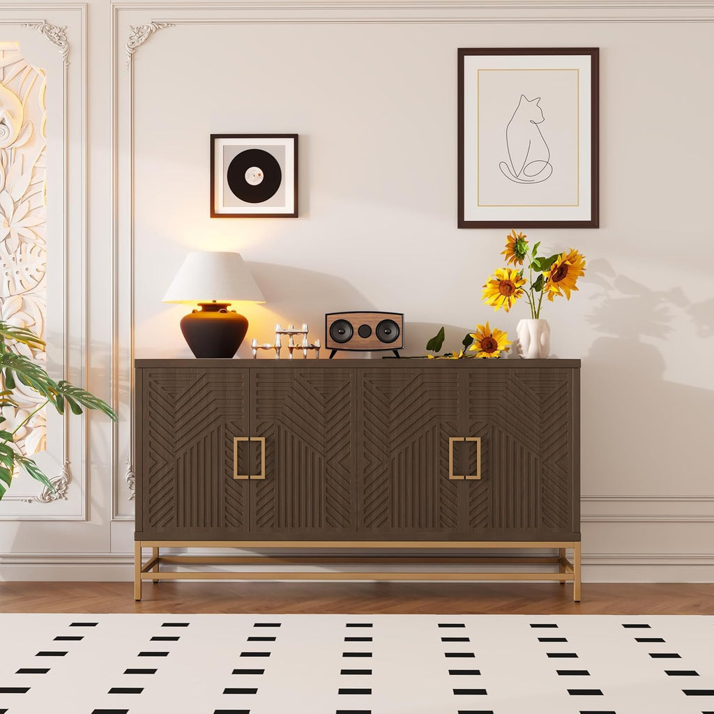Virubi 60' Sideboard Buffet Cabinet with Storage, Doors and Gold Handles, Wood Modern Sideboard Accent Cabinet with Adjustable Shelves for Living Room, Hallway, Entryway (Espresso)