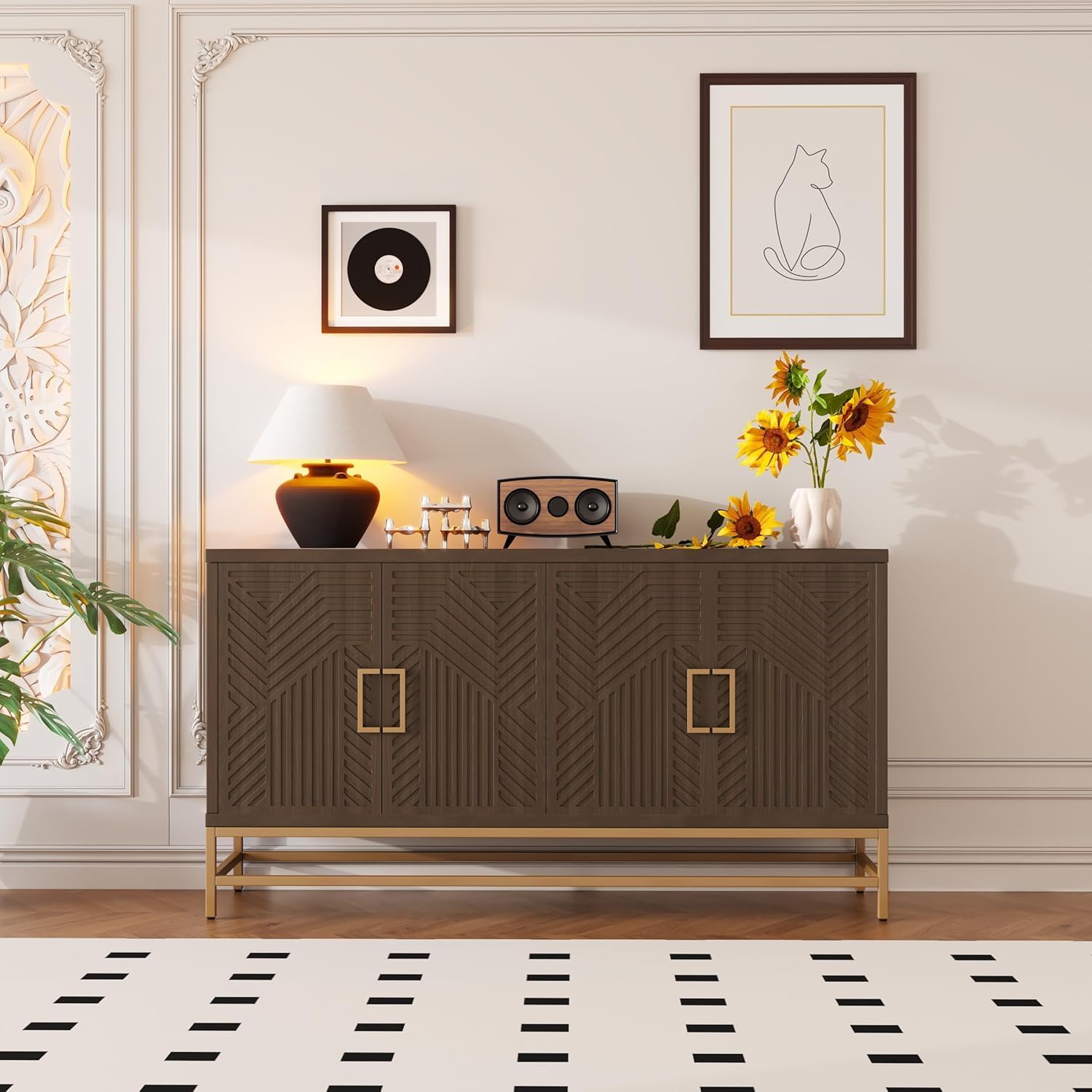 Virubi 60' Sideboard Buffet Cabinet with Storage, Doors and Gold Handles, Wood Modern Sideboard Accent Cabinet with Adjustable Shelves for Living Room, Hallway, Entryway (Espresso)