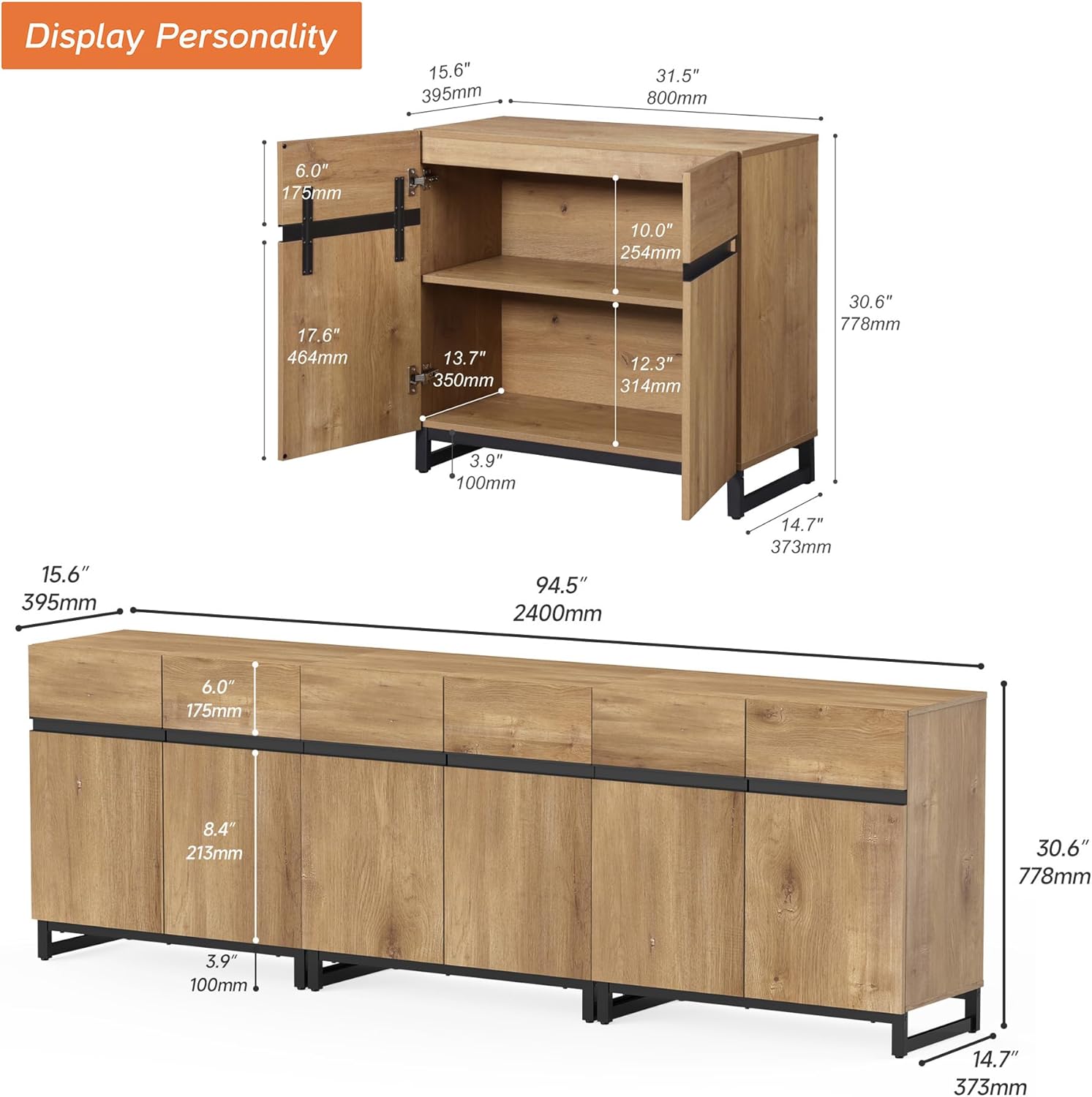 WAMPAT Sideboard Buffet Cabinets, Modern Sideboard with Adjustable Shelf and Metal Base, Coffee Bar Cabinet Storage Cabinet for Living Room, Kitchen, 3Pcs, Oak