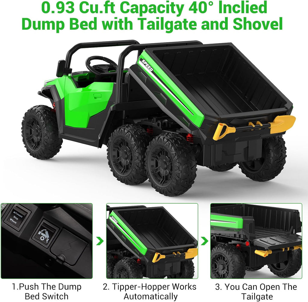 Garvee 24V 4WD Electric Ride On Dump Truck with Remote Control | 2-Seater Kids Ride On Car | Music Player & LED Lights | Birthday Gift for Ages 3+ (Key Start Safety System)