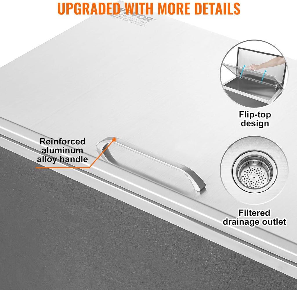 VEVOR Drop in Ice Chest, 24' L x 20' W x 15' H Stainless Steel Ice Cooler, Commercial Ice Bin with Hinged Cover, 40 qt Outdoor Kitchen Ice Bar, Drain-Pipe and Drain Plug Included, for Cold Wine Beer