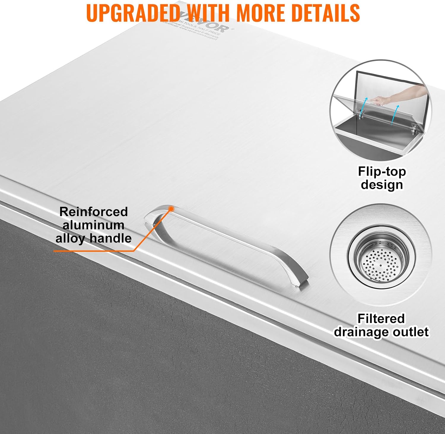 VEVOR Drop in Ice Chest, 24' L x 20' W x 15' H Stainless Steel Ice Cooler, Commercial Ice Bin with Hinged Cover, 40 qt Outdoor Kitchen Ice Bar, Drain-Pipe and Drain Plug Included, for Cold Wine Beer