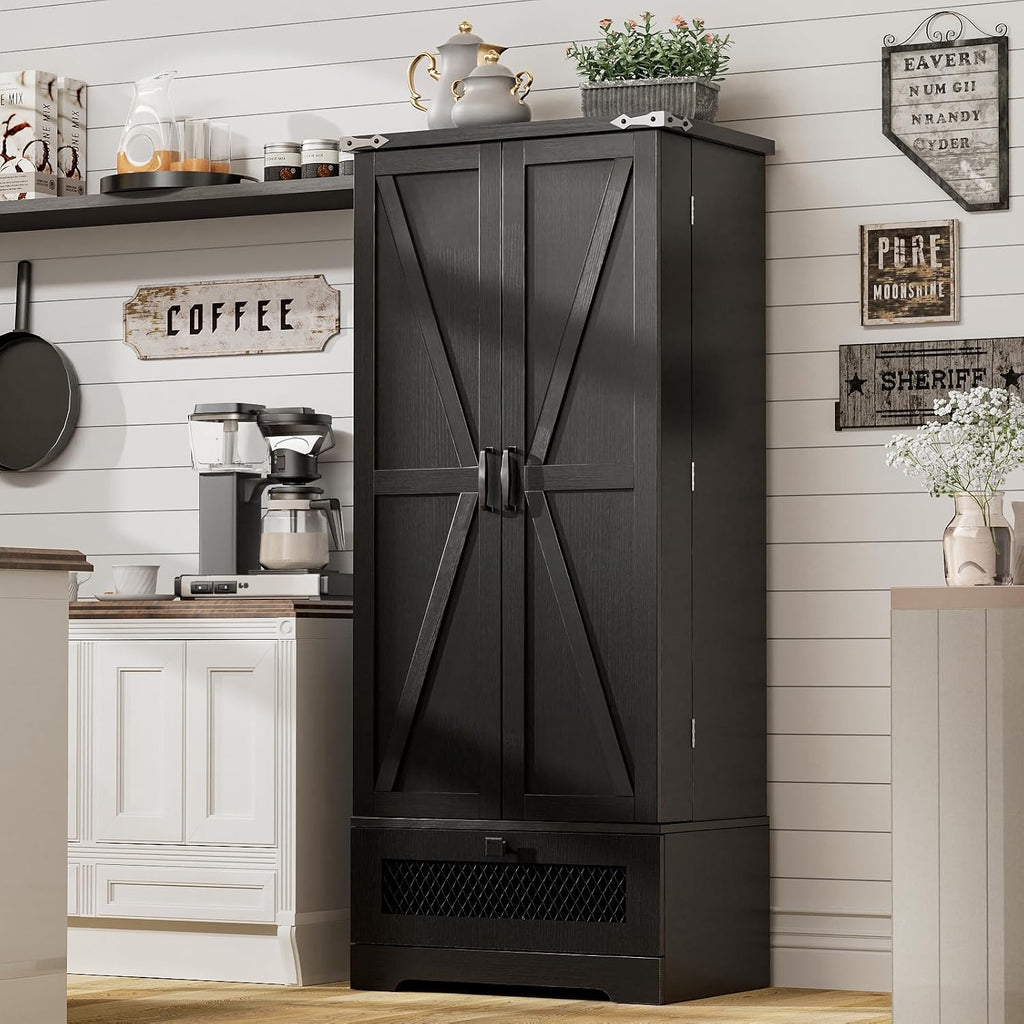 kepptory Kitchen Pantry Cabinet, Pantry Storage Cabinet with Adjustable Shelves and Drawer, Kitchen Buffet Cupboards Storage Shelf for Home Office Use (Black, 16' D x 24' W x 55' H)