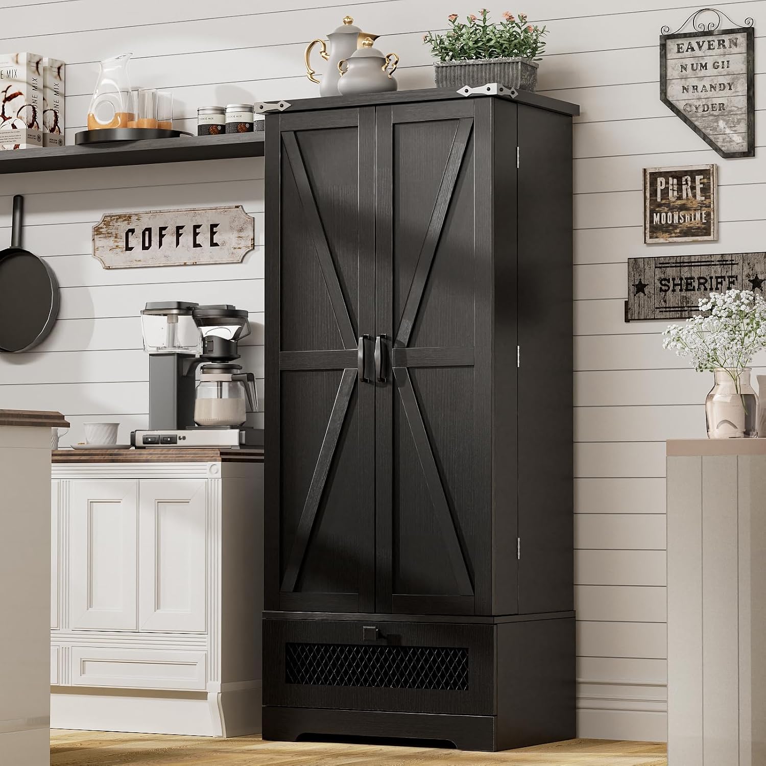 kepptory Kitchen Pantry Cabinet, Pantry Storage Cabinet with Adjustable Shelves and Drawer, Kitchen Buffet Cupboards Storage Shelf for Home Office Use (Black, 16' D x 24' W x 55' H)