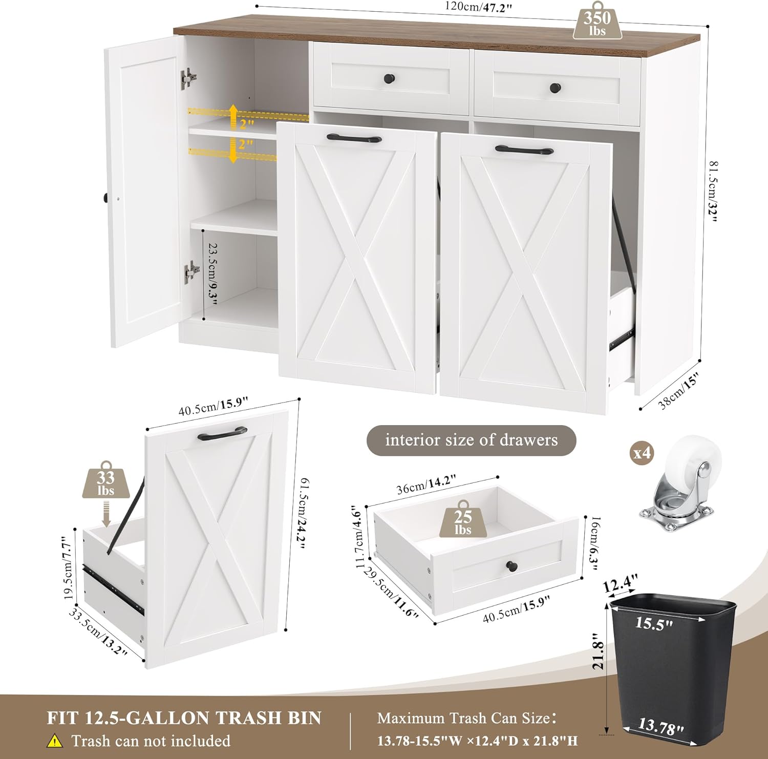 HOSTACK 12.5 Gallon Kitchen Trash Cabinet, 47' Double Trash Can Cabinet, Large Pull Out Can Storage Drawers, Wood Farmhouse Hidden Garbage Storage Buffet for Kitchen, Dining Room, White