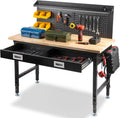 48' Workbench with Drawers, Work Benches for Garage with Strip Light, Adjustable Work Table with Large Pegboard, 2000 LBS Heavy Duty Table with Power Outlet Rubber Wood for Garage, Office