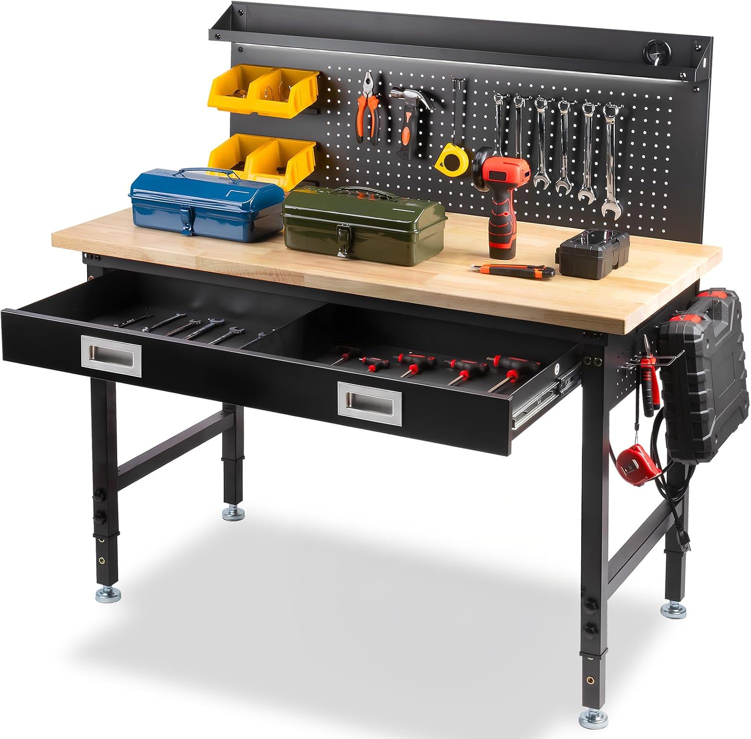 48' Workbench with Drawers, Work Benches for Garage with Strip Light, Adjustable Work Table with Large Pegboard, 2000 LBS Heavy Duty Table with Power Outlet Rubber Wood for Garage, Office