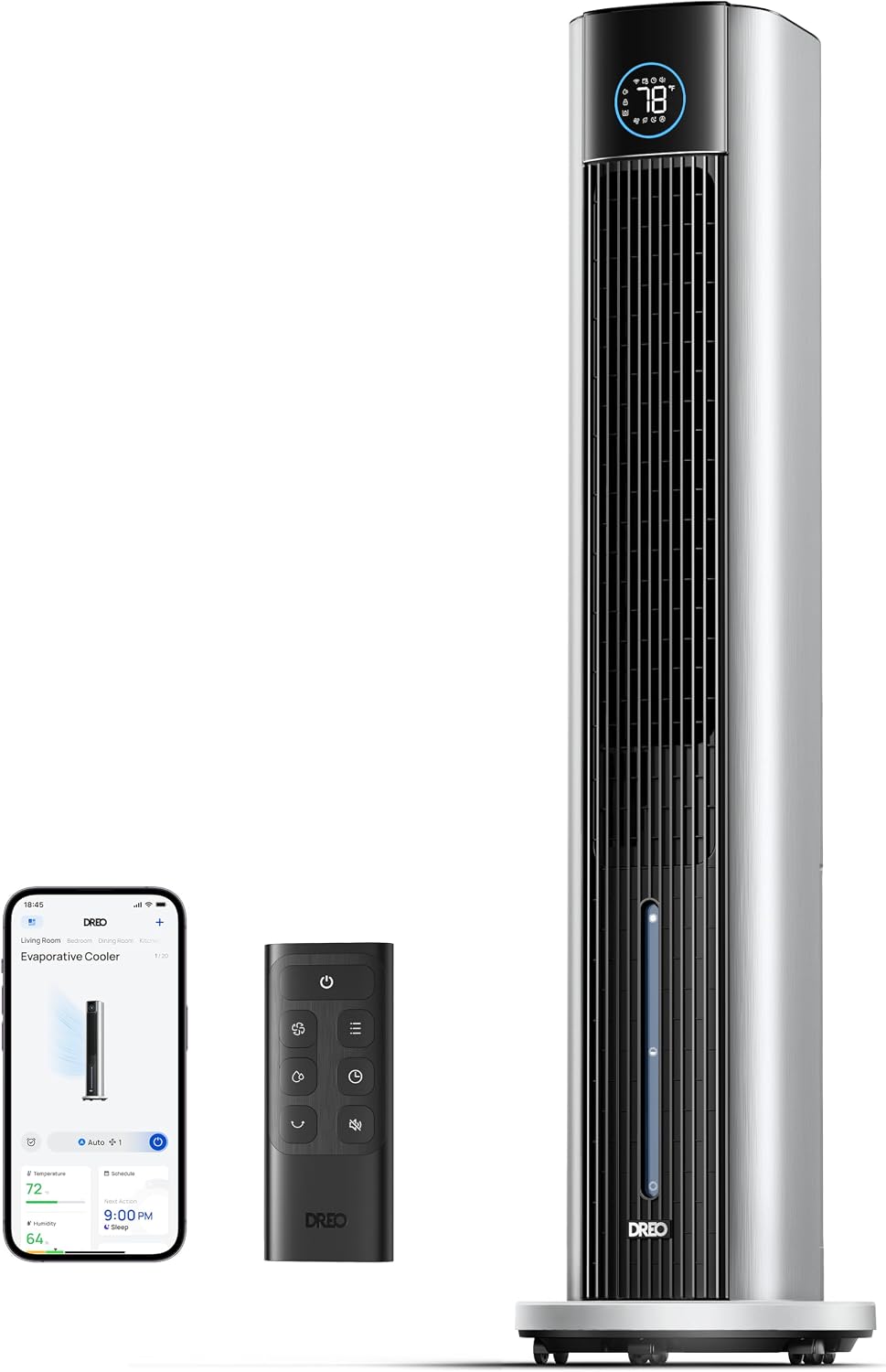 DREO Portable Air Conditiioner, 43' Cooling Fans That Blow Cold Air 2025 Upgraded, Evaporative Air Cooler, Quiet 85° Oscillating Fan, Easy Cleaning, APP Control, 4 Modes & 4 Speeds, 12H Timer, Silver