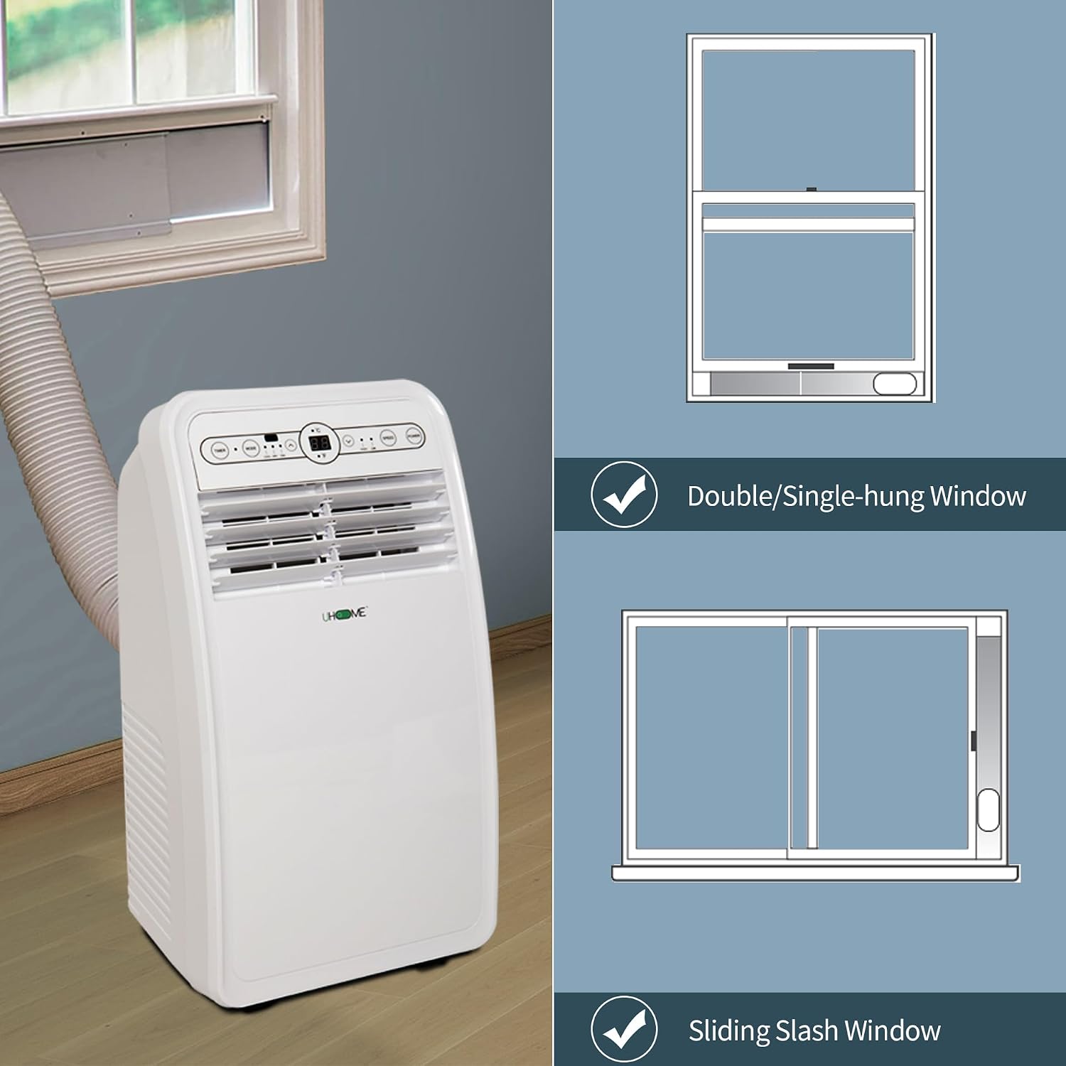 Uhome 8000 BTU Portable Air Conditioner, with Cooling, Dehumidifier, Fan, Remote Control and Window Mount Kit Included, White, 24H Timer